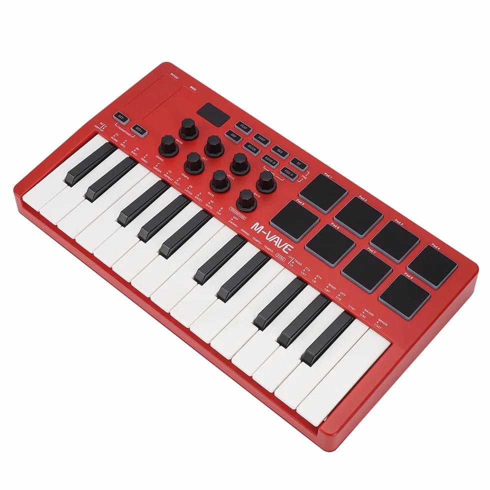 M-VAVE SMK-25RD - Teclado Controlador MIDI USB de 25 Teclas con 8 Pads de Batería Retroiluminados, Bluetooth, 8 Teclas, Teclas Dinámicas Profesionales, Rojo