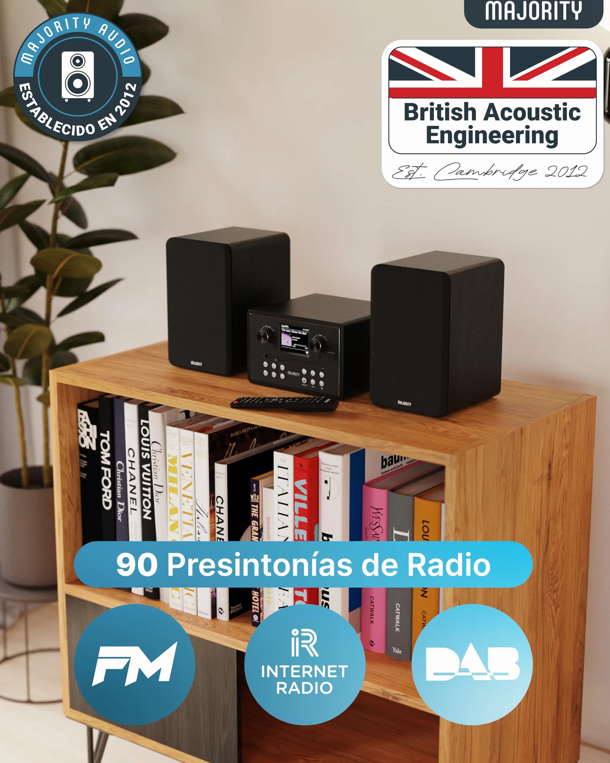 MAJORITY Homerton HiFi Equipo de Música | Reproductor de CD, Radio Internet WiFi, Dab/Dab+ Radio Digital y FM | Minicadena con Bluetooth 5.3, Reproducción USB, Spotify Connect y Control por App OKTIV