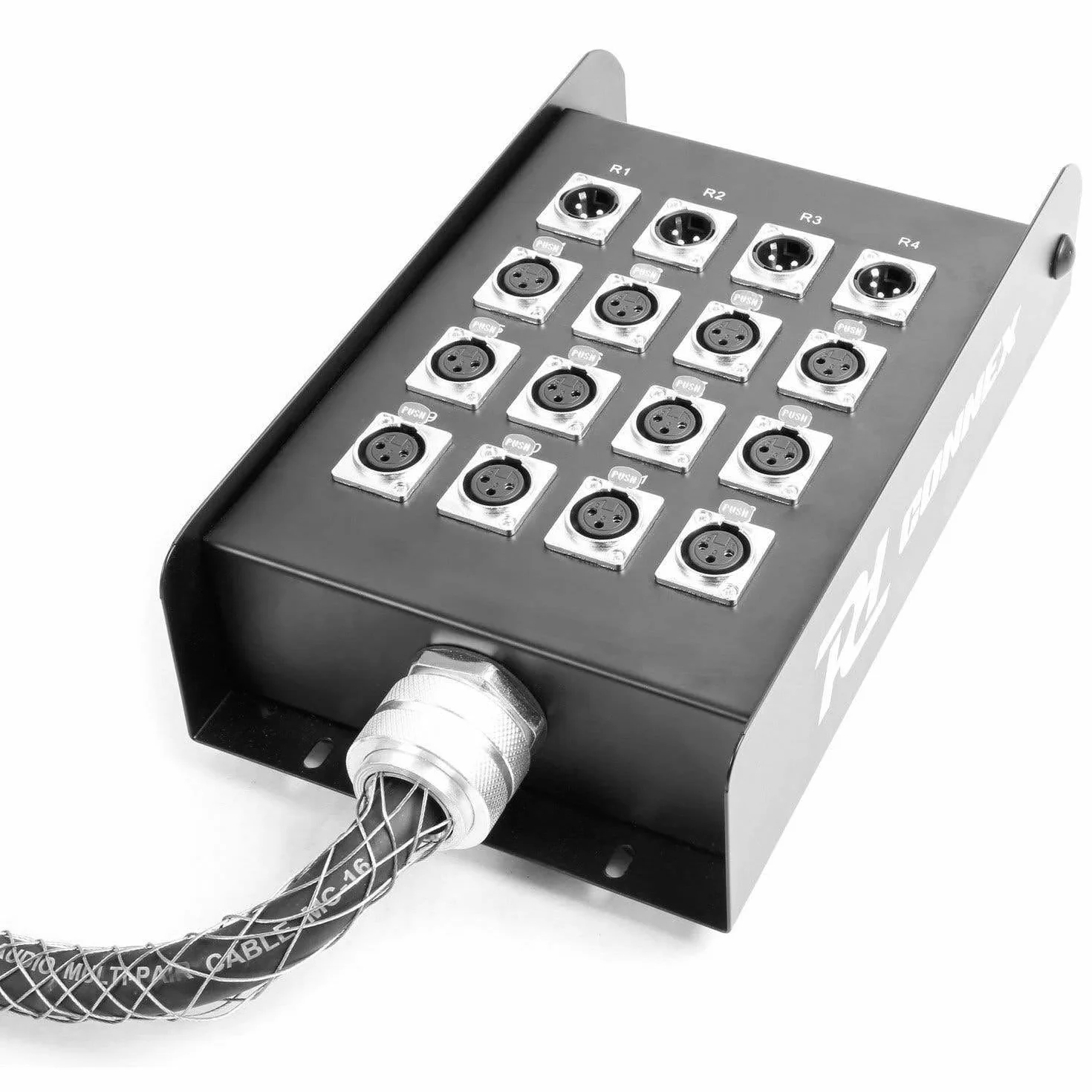 Power Dynamics Cable de audio manguera para escenario con 12 entradas XLR Hembra 4 Salidas XLR macho, cable flexible, cajetín metálico con conectores metálicos de calidad, longitud 15 Metros