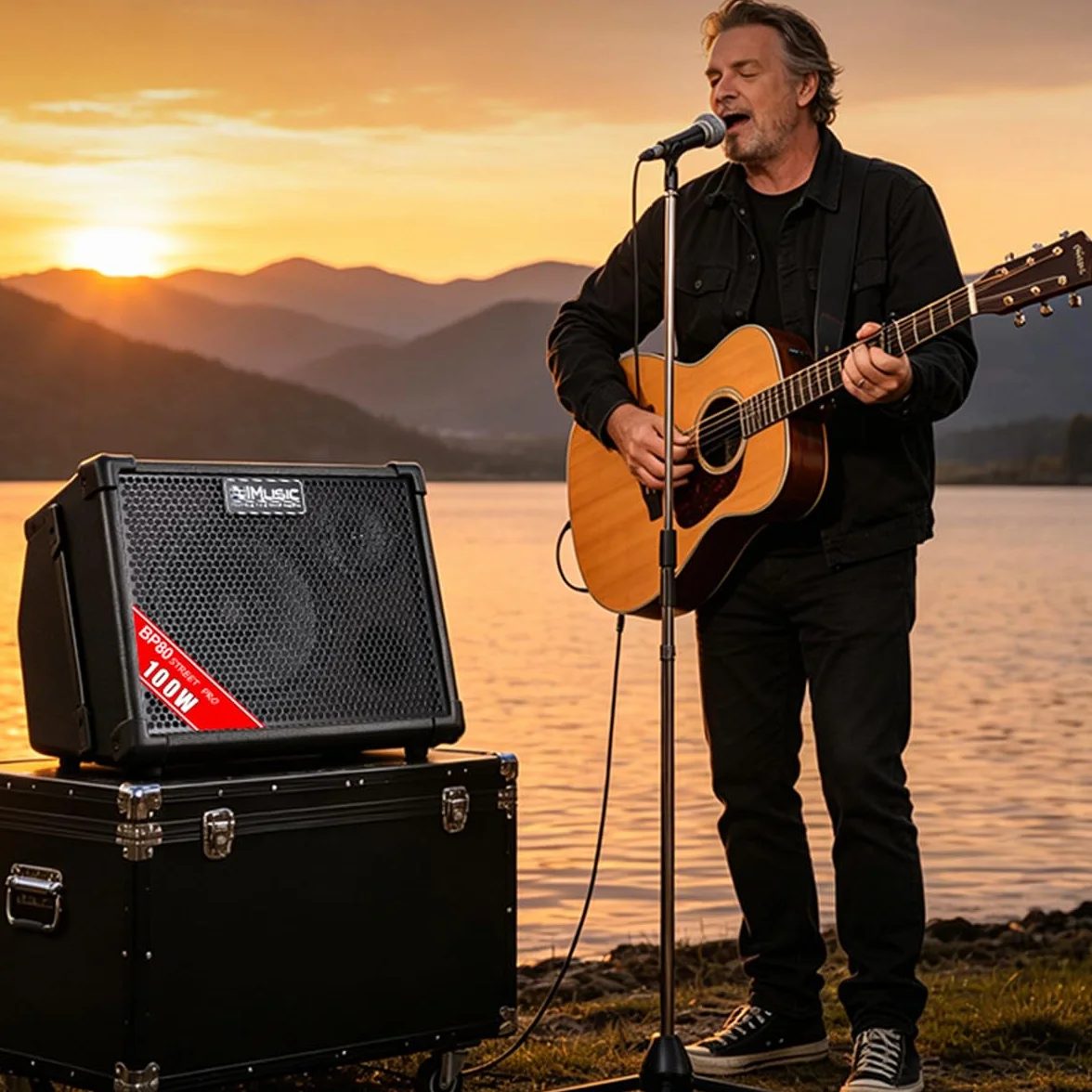 BP80 Amplificador de guitarra acústica con batería, altavoz portátil Bluetooth, 100 W, 6 entradas, ecualizador de 3 bandas, Negro