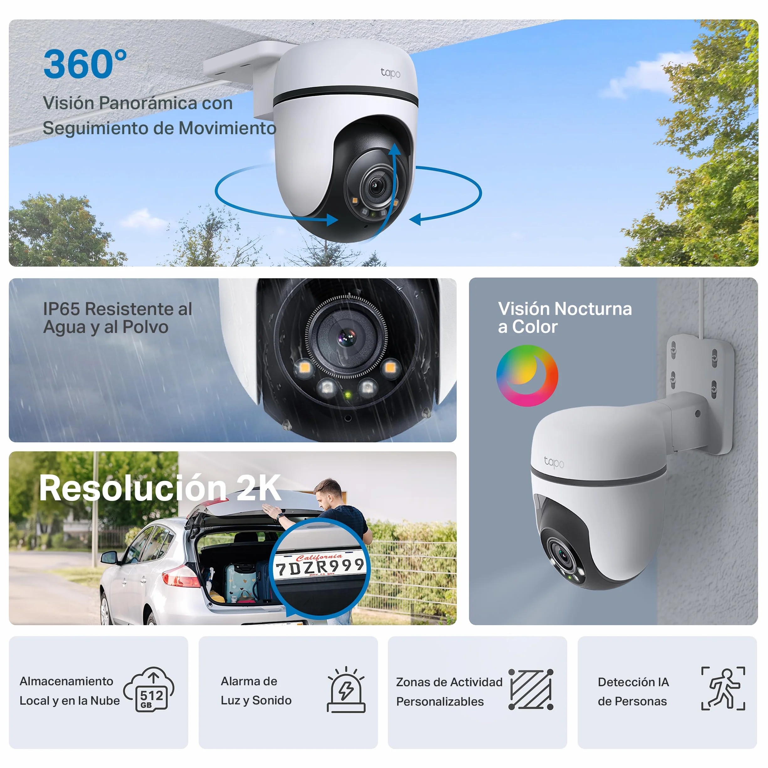 Tapo C51A Cámara de vigilancia Wi-Fi Exteriores 360° Visión Nocturna Color 2K 3MP Detección Personas IA Seguimiento Movimiento IP65