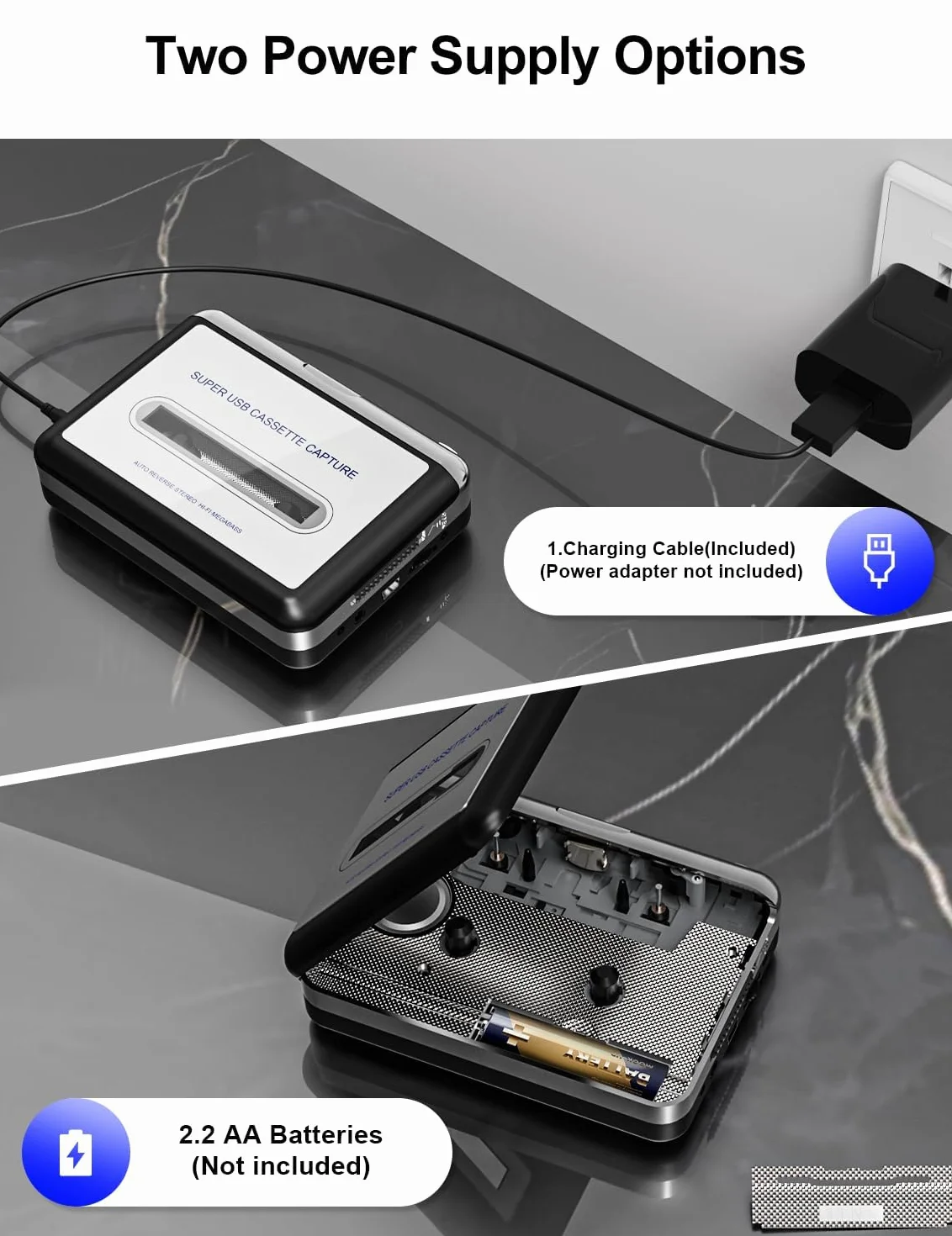 Reproductor de casete portátil con grabador MP3, compatible con PC/Mac, plata