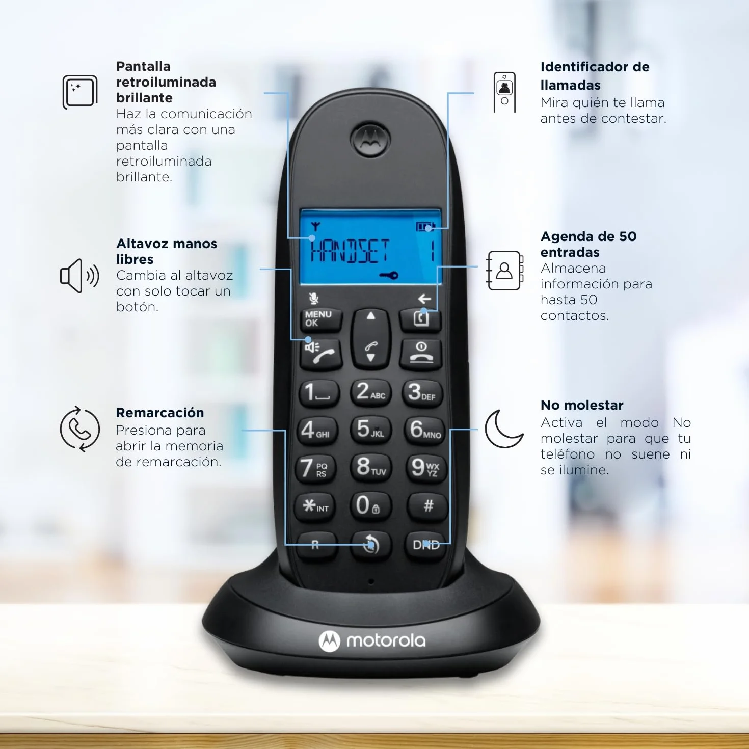Motorola C1001CB+ Teléfono Inalámbrico Digital DECT Negro con Bloqueo de Llamadas y Manos Libres