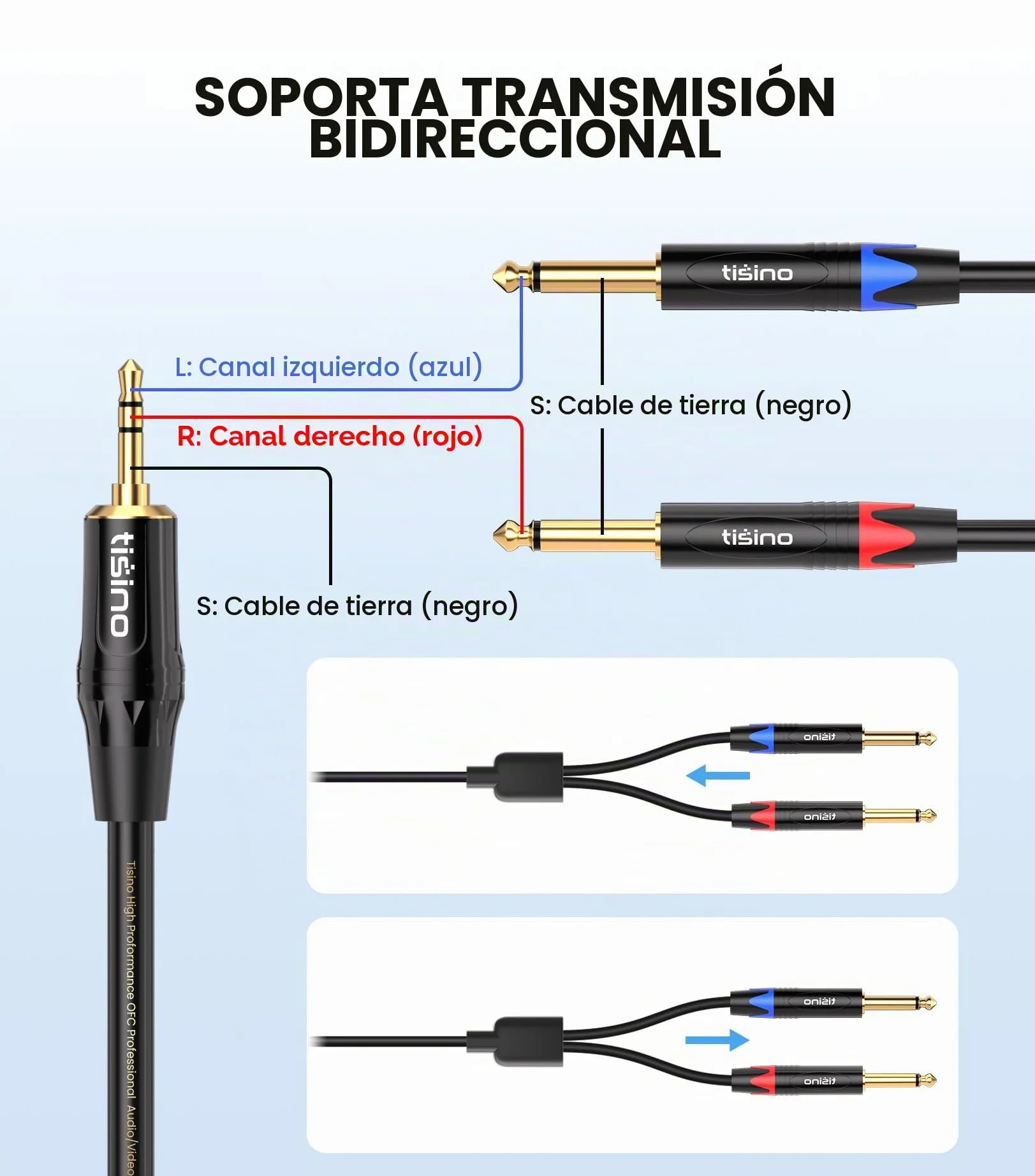 Tisino Cable Mini Jack a Jack Stereo- Cable Audio 3,5 mm a Doble 6,3 mm Mono para Mezclador, Ordenador portátil, Dispositivos de Cine en casa, Amplificadores- 1M