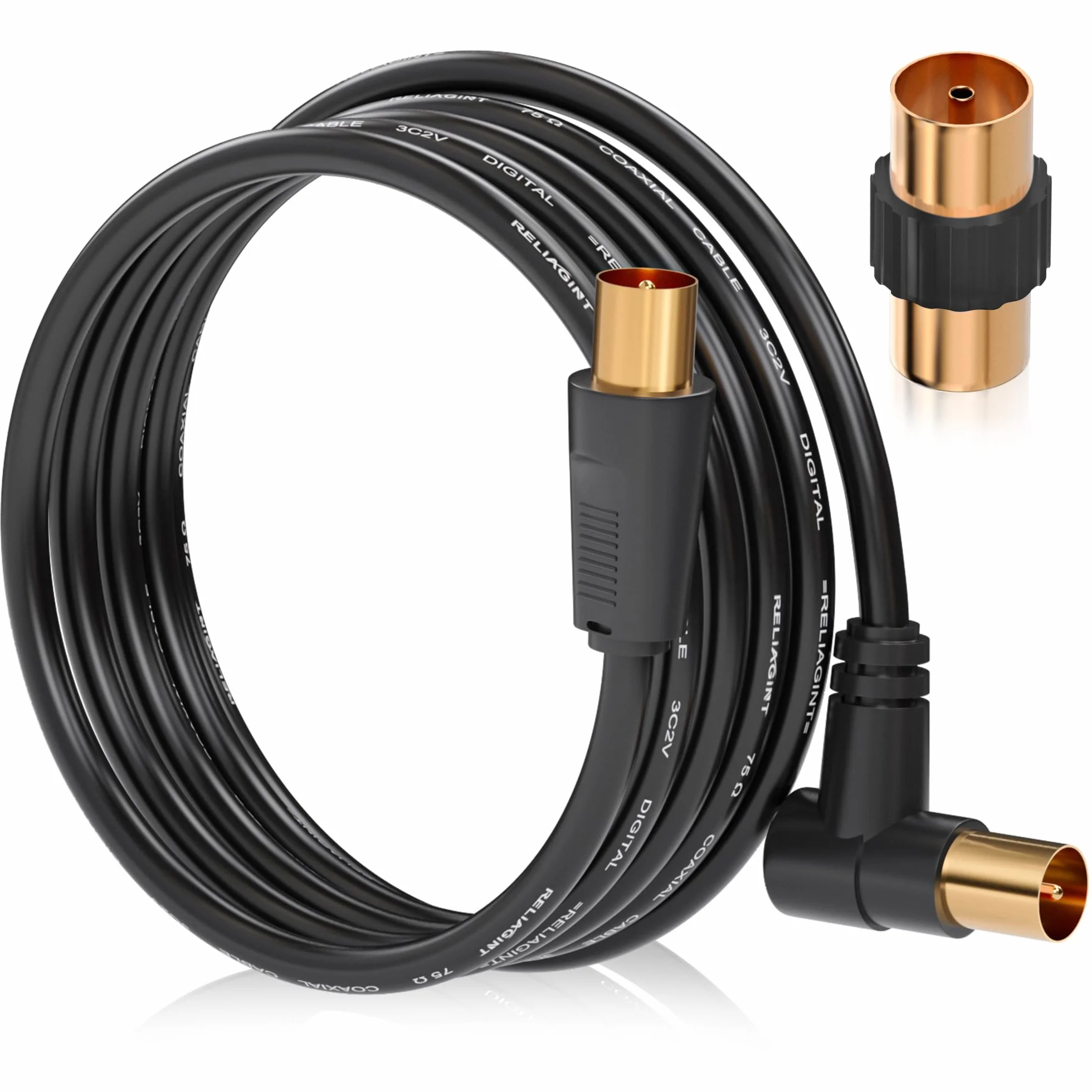 Cable antena TV 0.5m, cable coaxial 75 Ohm IEC 9,5 mm macho a macho 3C2V cobre puro doble blindaje, conector acodado, adaptador hembra a hembra incluido, negro