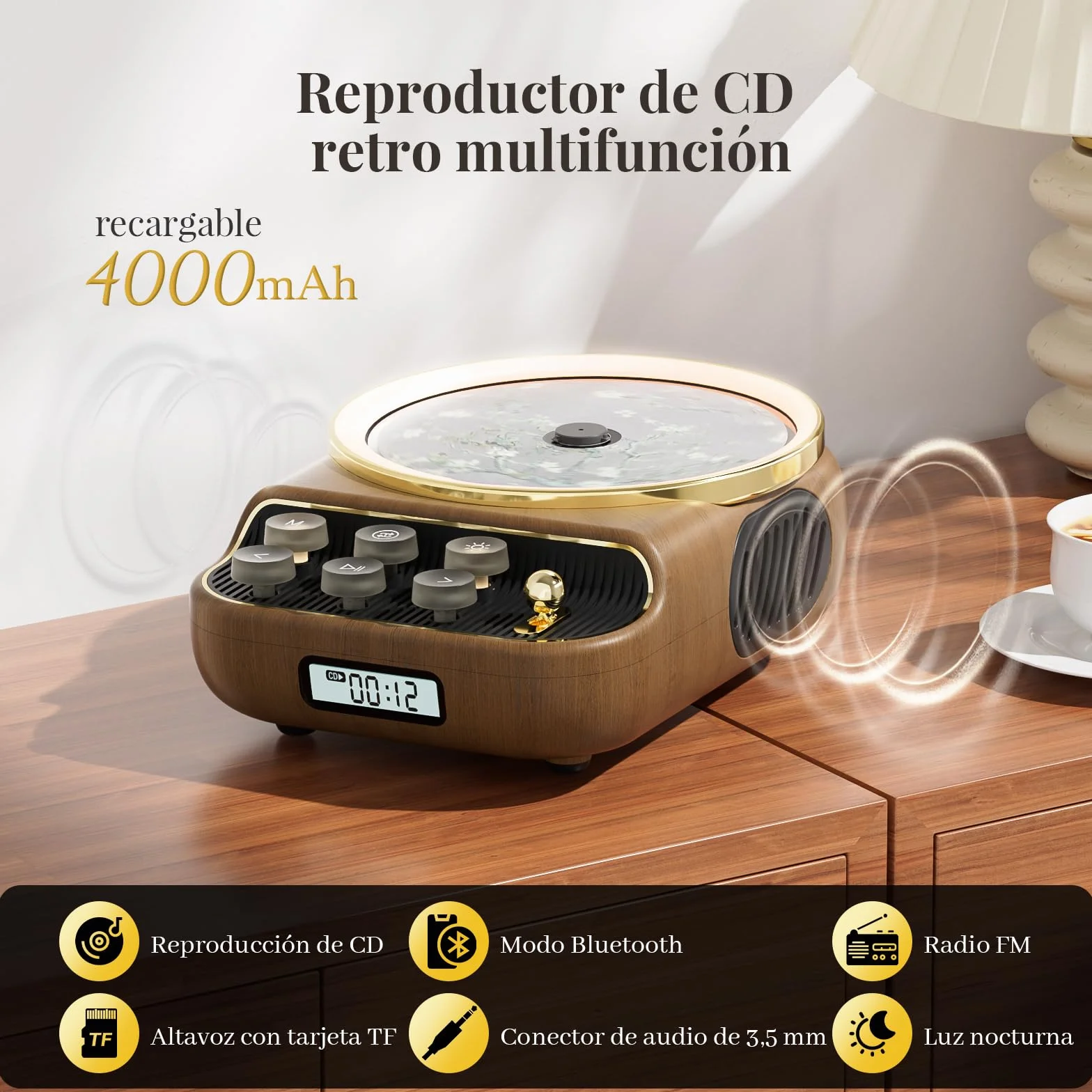 Reproductor de CD con Bluetooth 5.3, Altavoces, Radio FM, Control Remoto, Madera