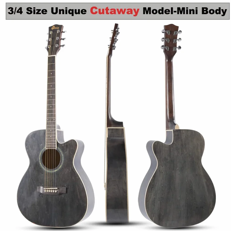 Winzz Guitarra Folk para Niños 36 Pulgadas, Tamaño 3/4 Guitarra Acústica Negro-gris Kit para Principiantes