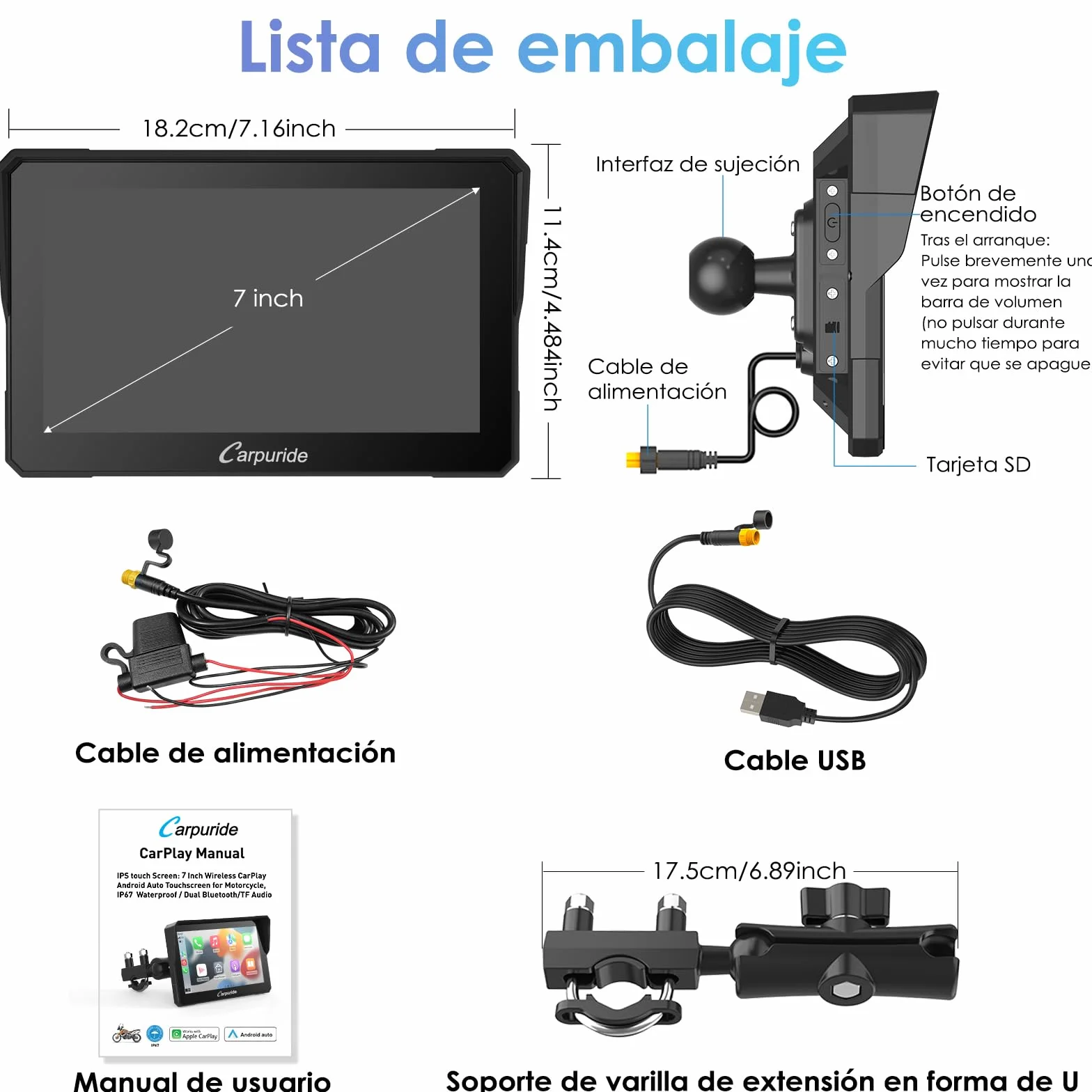 Carpuride W702 Pantalla GPS 7 Pulgadas CarPlay para Motocicleta - CarPlay Inalámbrico y Android Auto, Pantalla Táctil Impermeable, Bluetooth Dual, Navegación, Siri.