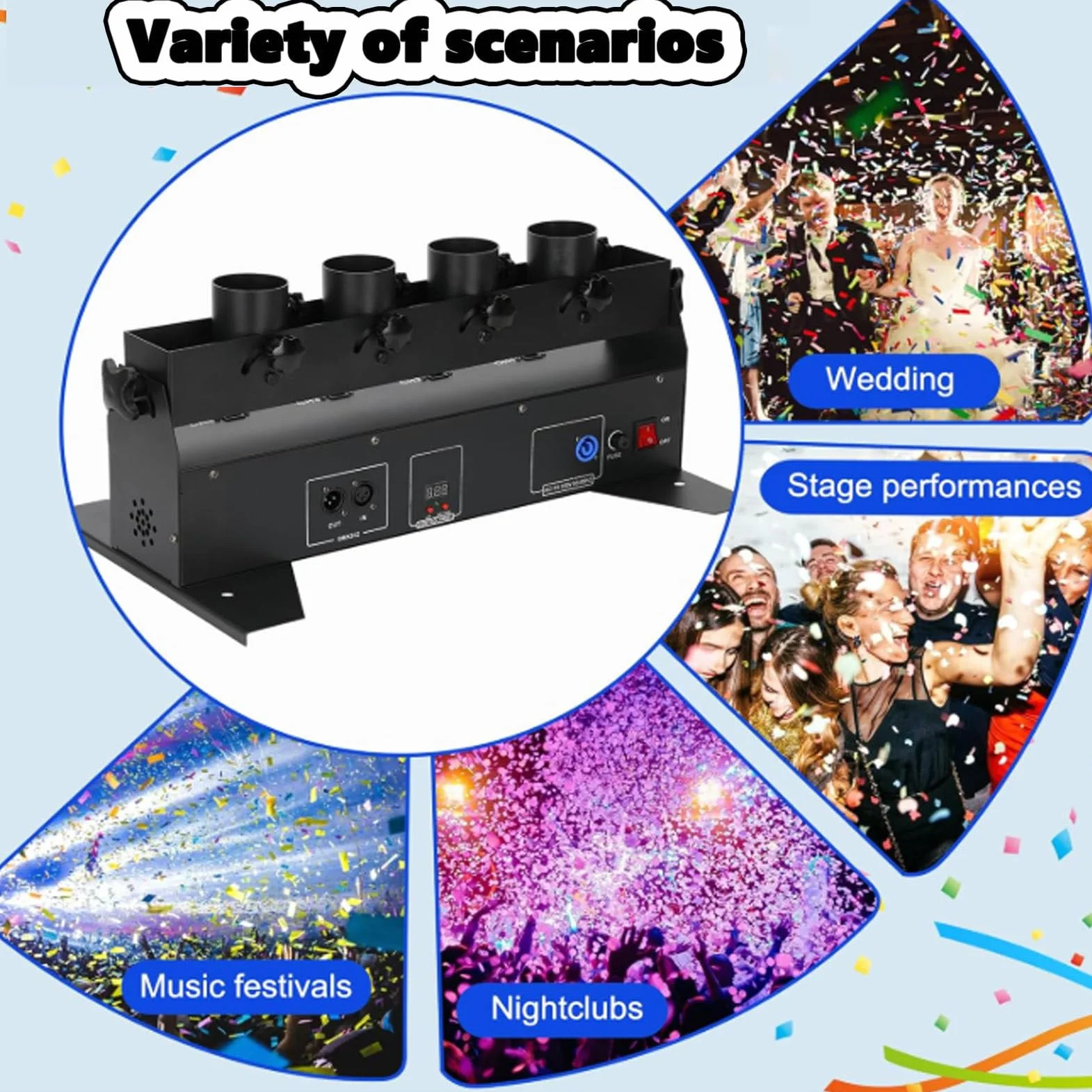 Máquina lanzadora de Confeti Profesional, máquina sopladora de Confeti de 4 Disparos, cañón de Confeti DMX/Control Remoto para Bodas, Discotecas, espectáculos, Clubes, escenarios y Fiestas