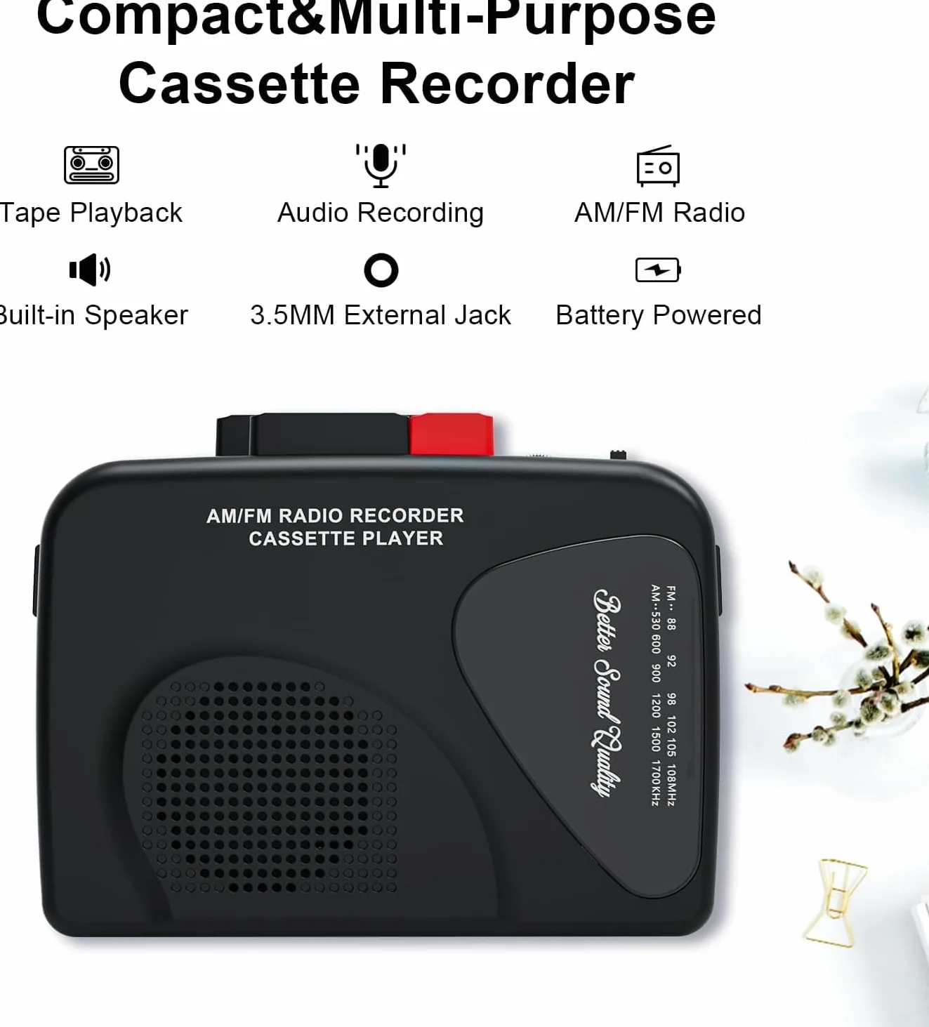 Reproductor de casete portátil con radio AM/FM, altavoz integrado, negro