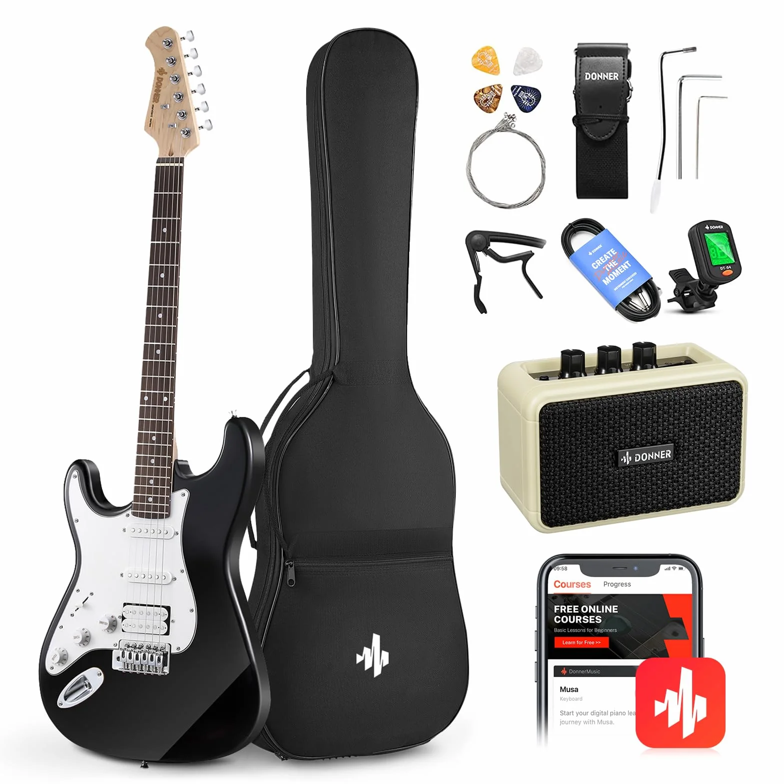 Donner Guitarra Eléctrica para zurdos de tamaño completo de 39 pulgadas con amplificador, bolsa, capo, correa, cuerda, sintonizador, cable y púas (Negro, DST-100BL)