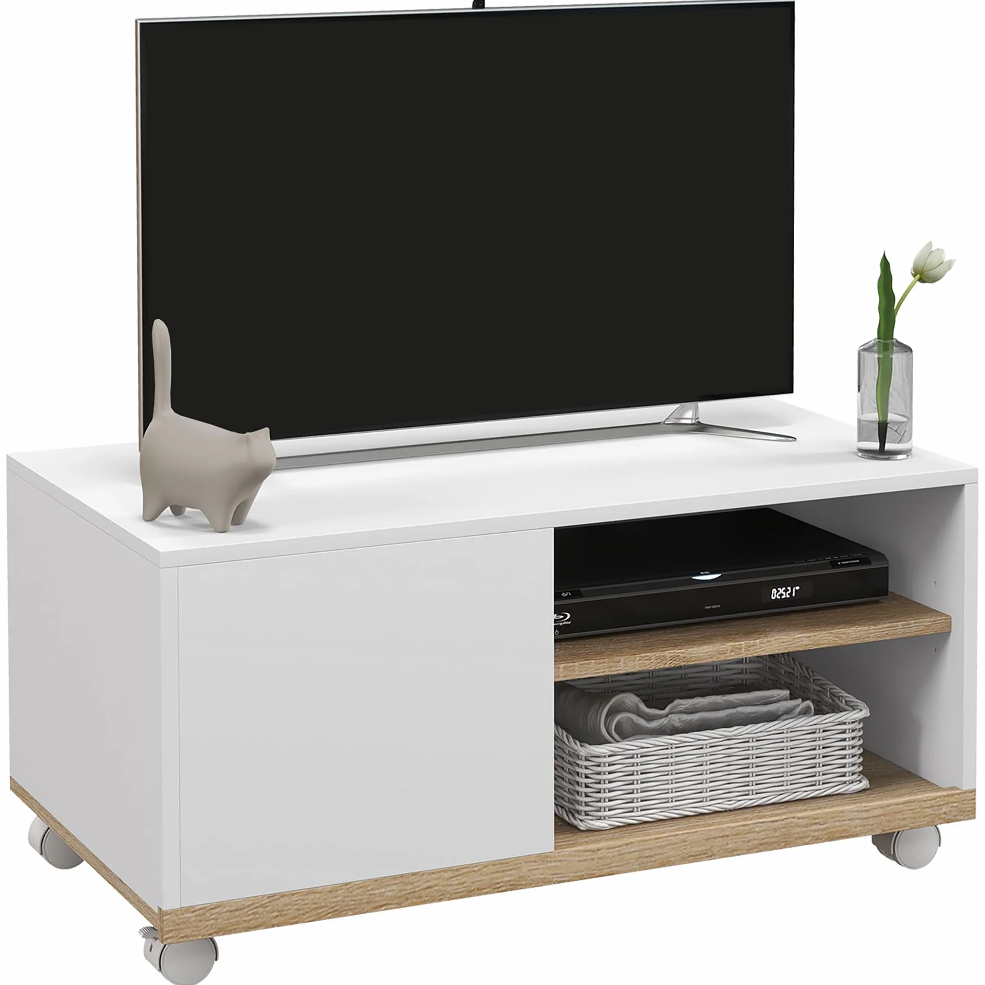 HOMCOM Mueble TV de Salón Moderno con Ruedas Mesa para Televisores de 42 Pulgadas Módulo TV con 1 Puerta y 2 Estantes de Almacenamiento 80x45x41 cm Blanco