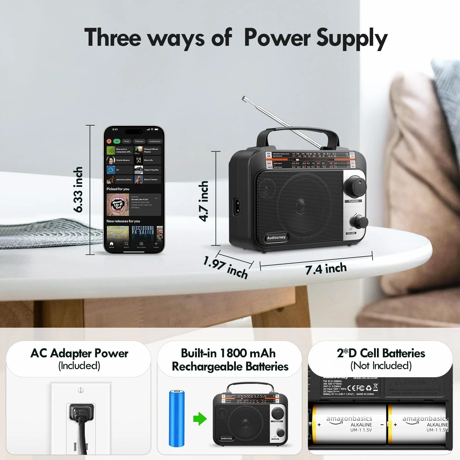 Radio Portátil FM/Am/SW 1-2, con Batería Recargable de 1000 mAh, Cable CA o Pilas, Radio Multibanda de Onda Corta Aux/Entrada para Auriculares,Negro