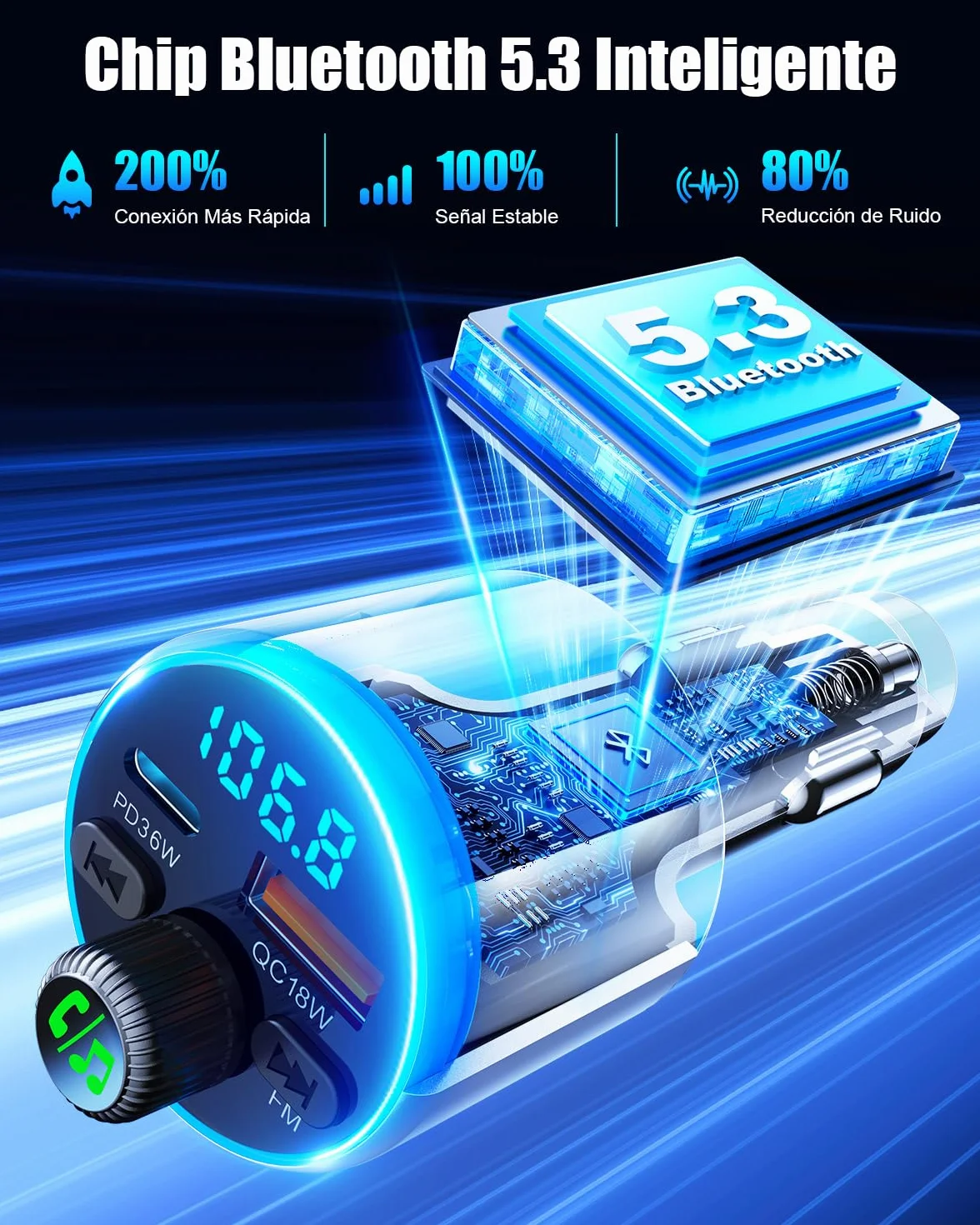 Transmisor FM Bluetooth Coche 5.3 Cargador Mechero Coche PD36W QC3.0 Adaptador Bluetooth Vehículos