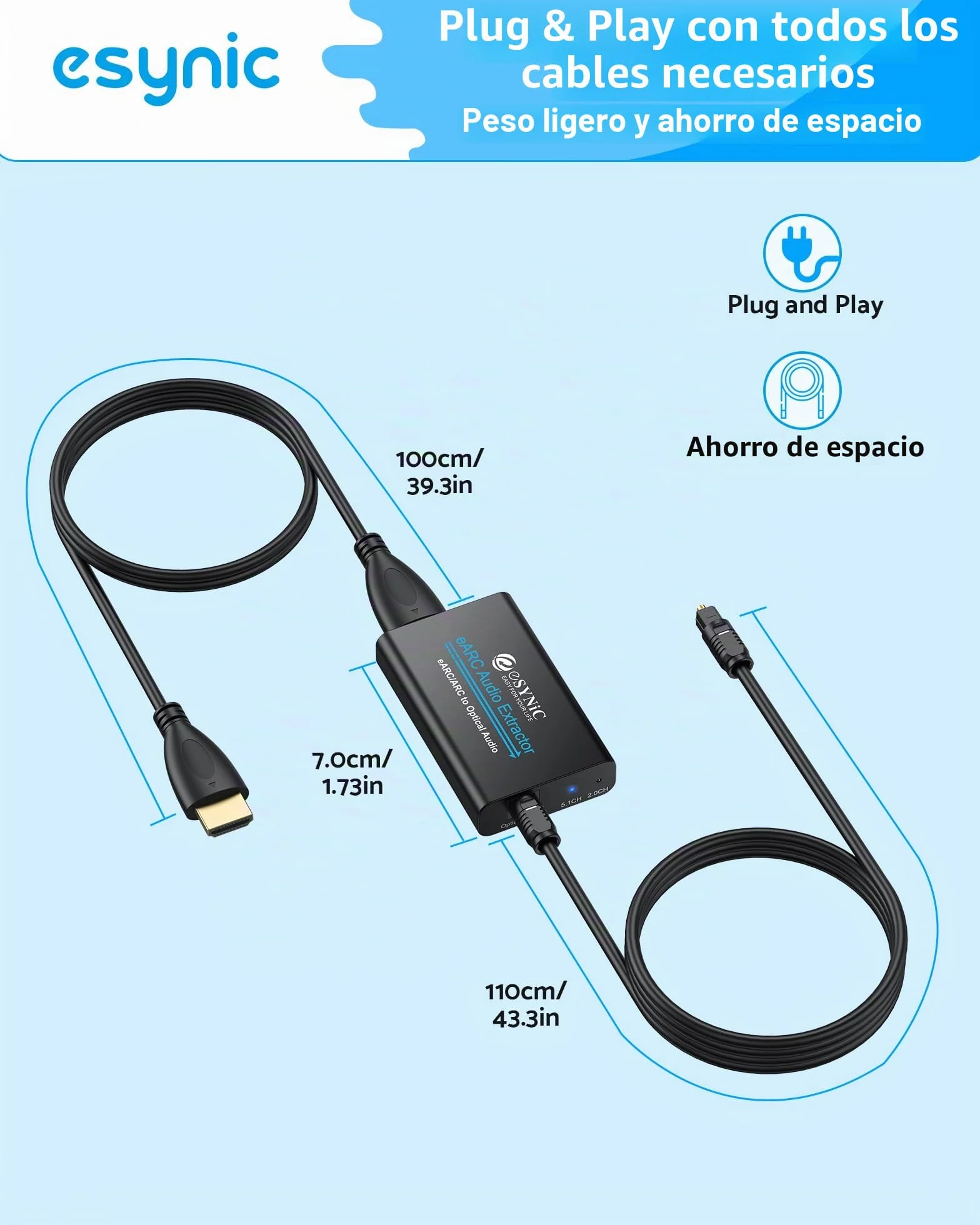 eSynic Extractor de Audio eARC ARC 192kHz HDMI a Óptico con Cable HDMI y Óptico compatible con 5.0 y 2.0 para HDTV