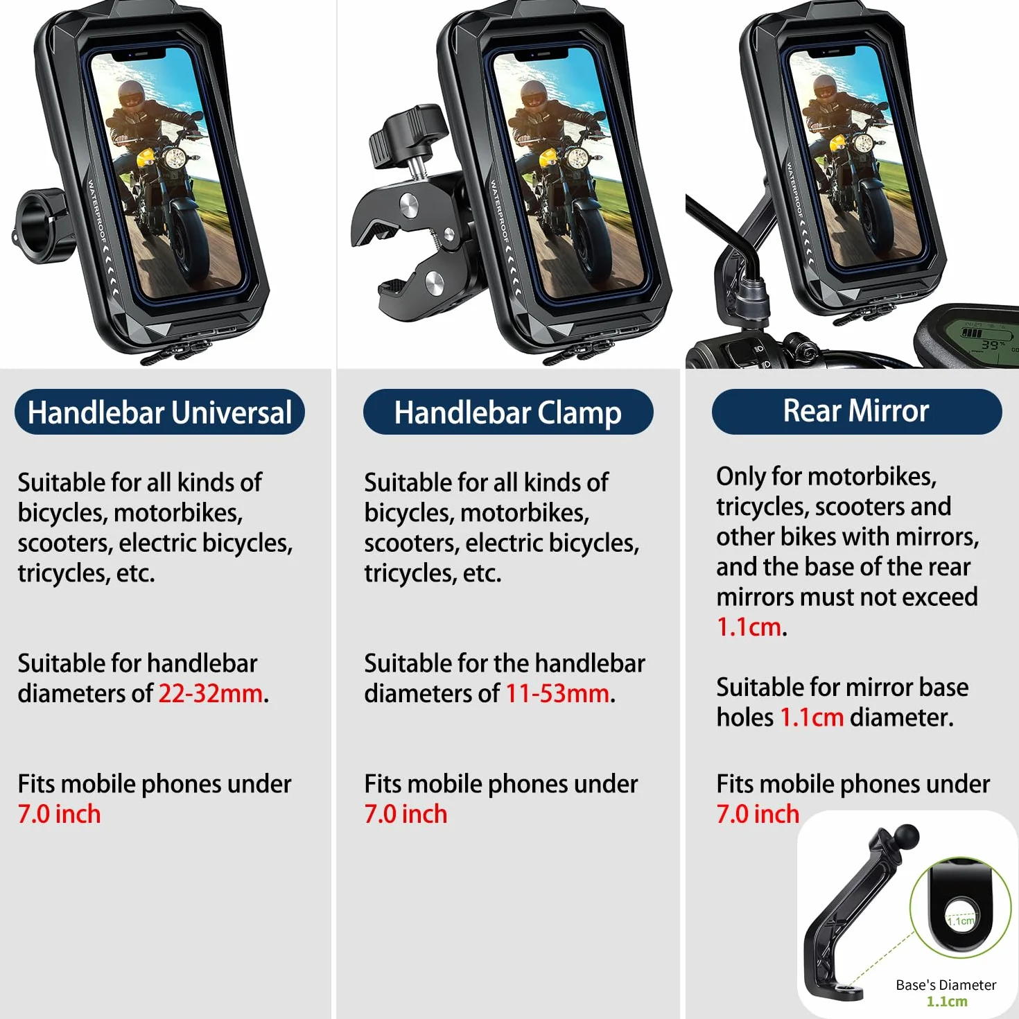 Soporte Móvil Moto Impermeable 360° Rotación Anti Vibración Pantalla Táctil para Retrovisor Motocicleta 7.0