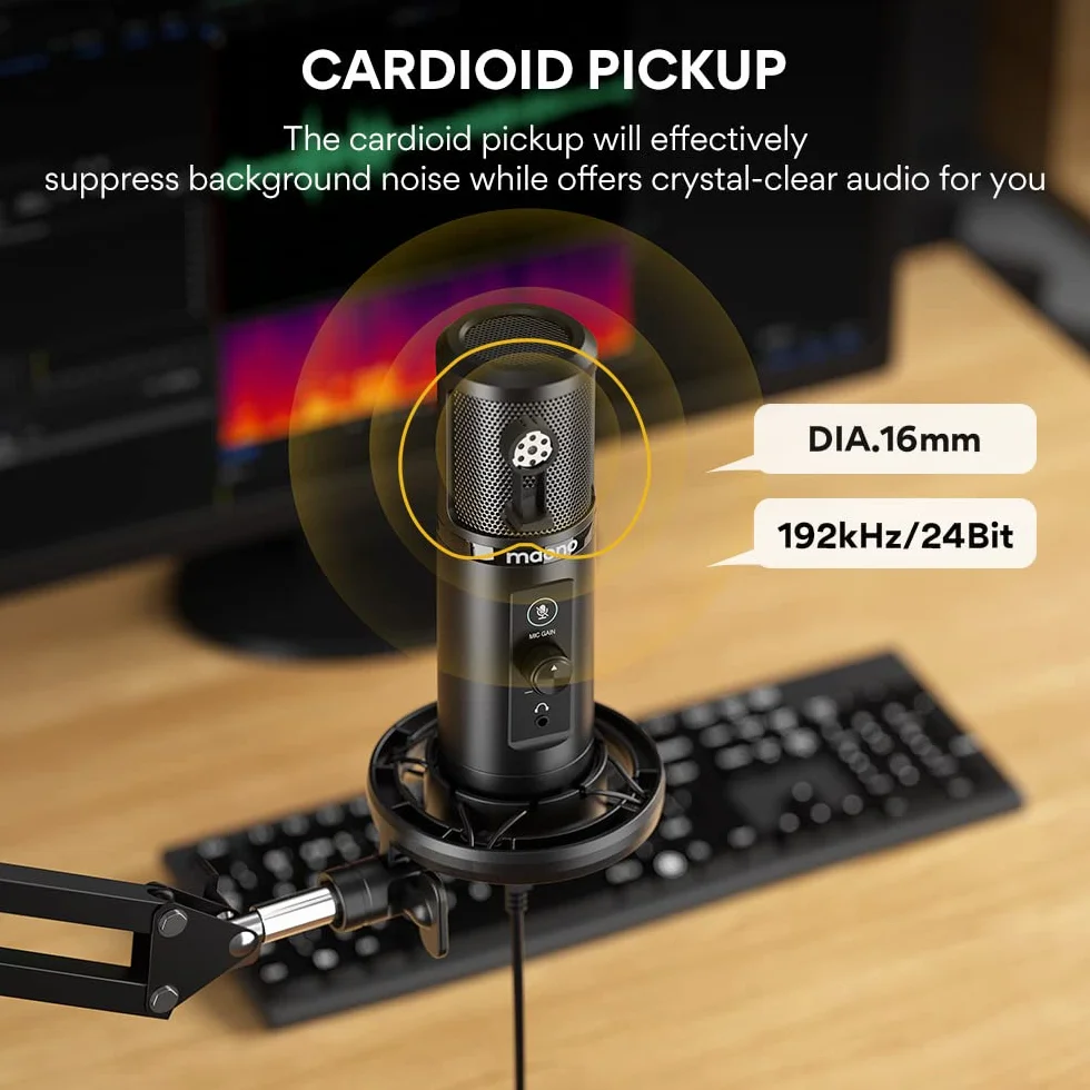 MAONO Micrófono USB para PC, Micrófono Condensador Profesional con Silencio, Ganancia de Mic, Monitoreo de Latencia Cero, Kit Brazo para Streaming, Podcast,Gaming, Grabación, Twitch, Youtube, PM422