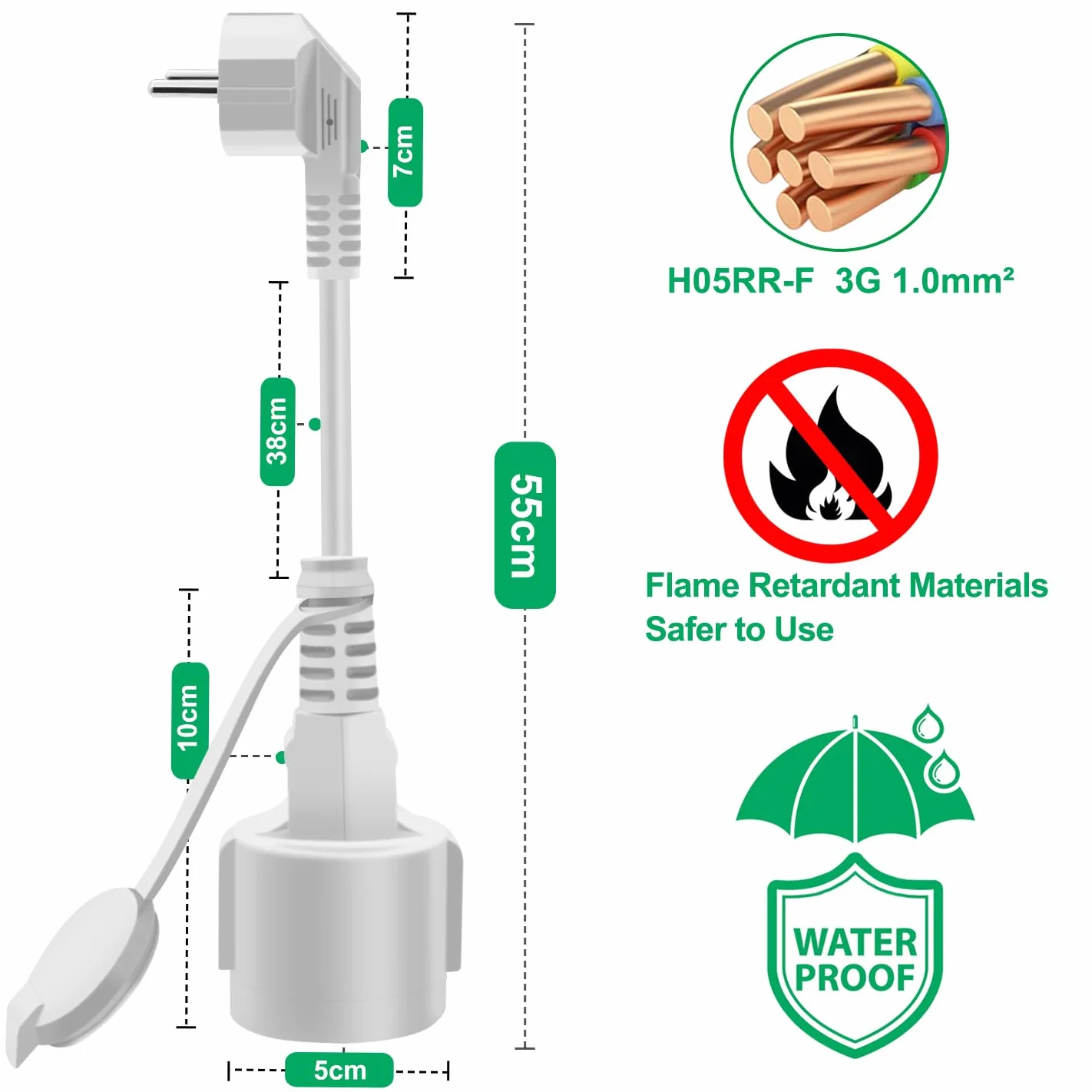 Cable Extensión Schuko 90 Grados 16A 250V IP44 Alargador Macho Hembra 0.5m Blanco