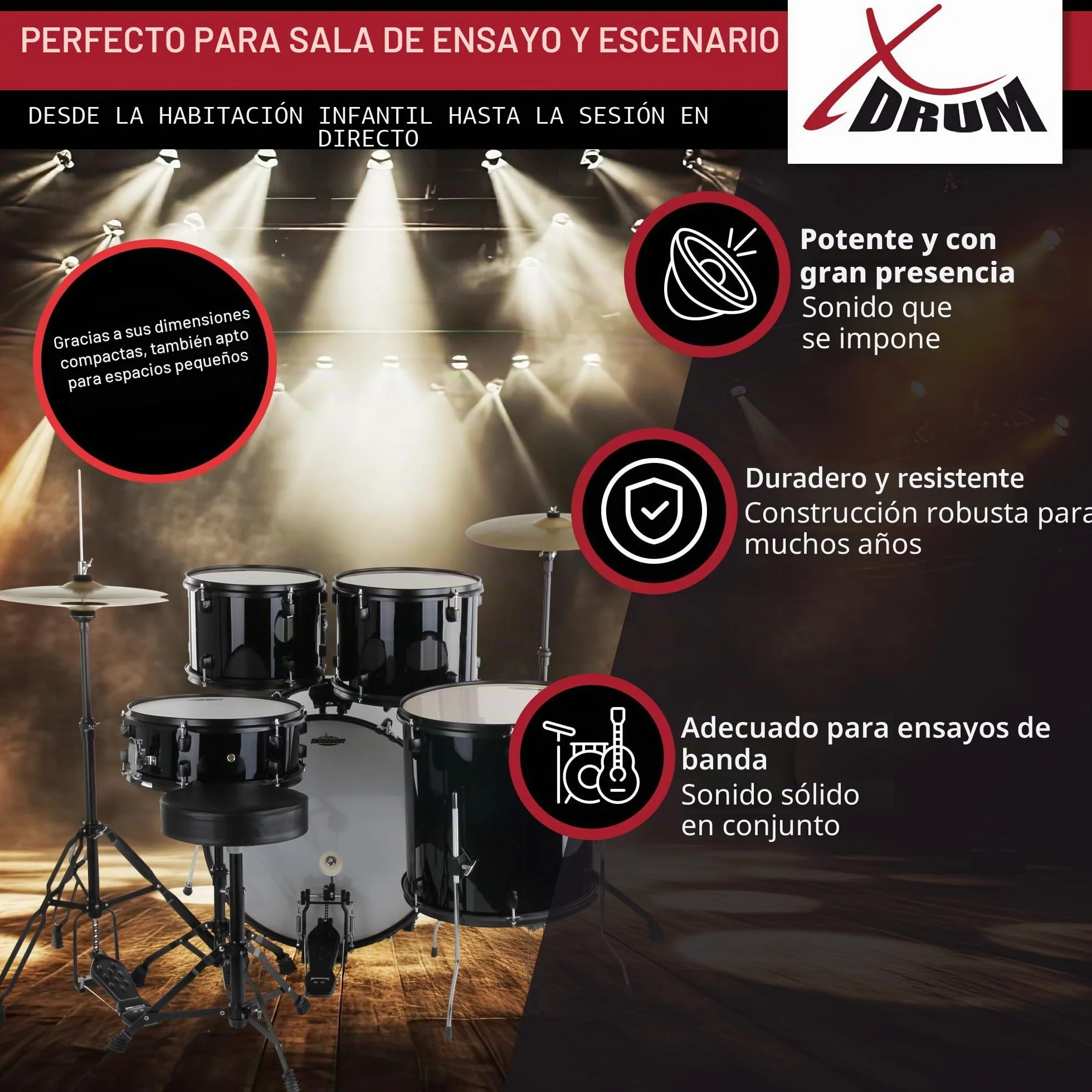 XDrum Rookie 22" Fusion Set Completo de Batería Black - Ideal para Principiantes - Hardware Estilizada en Negro - Incluye Baquetas, Manual de Montaje y Escuela de Batería - Negro