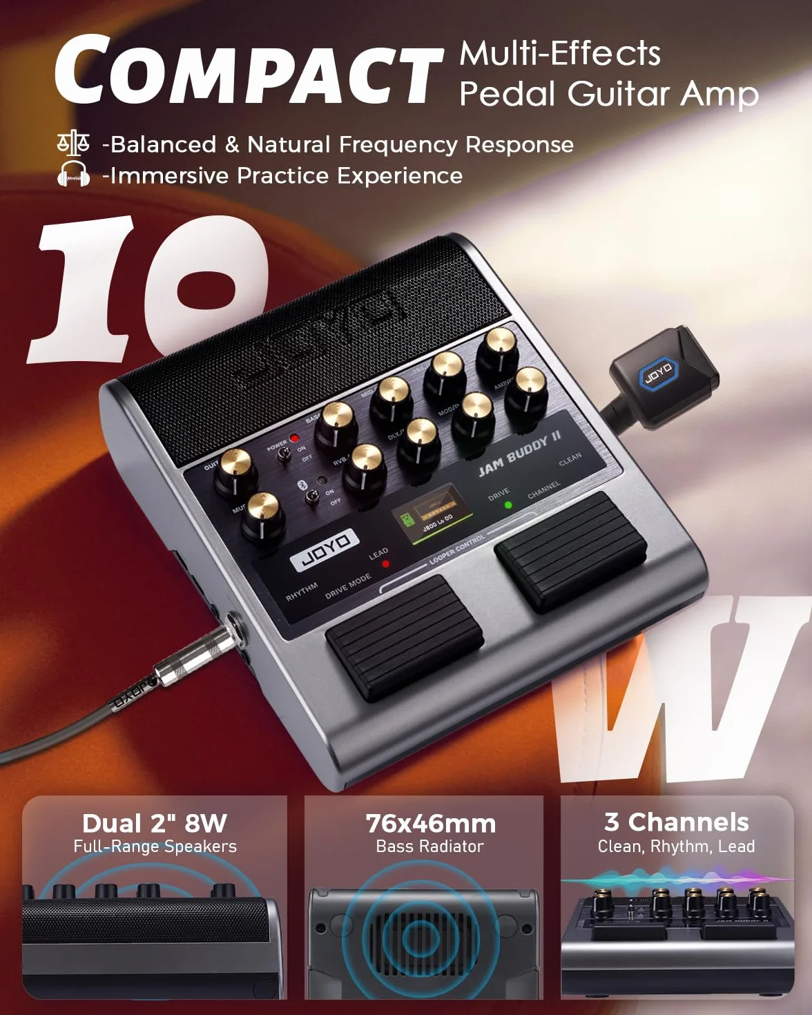 JOYO - Amplificador combinado de guitarra de 10 W portátil con pedal multiefectos – 14 modelos de amplificador, 3 bandas, 36 ritmos & Looper, grabación OTG, Bluetooth (Jam Buddy II, Gris)