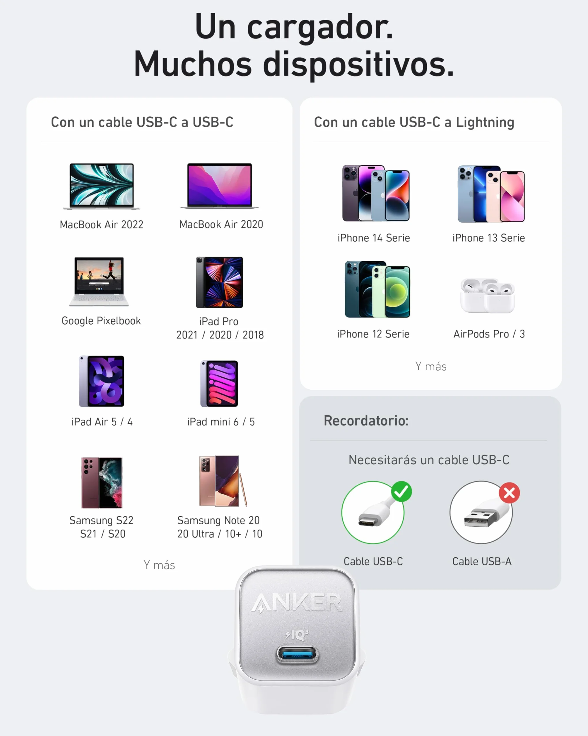 Anker Cargador USB C GaN 30W Nano 3 Rápido PIQ 3.0 PPS Compatible iPhone 17/16/15 Samsung Galaxy