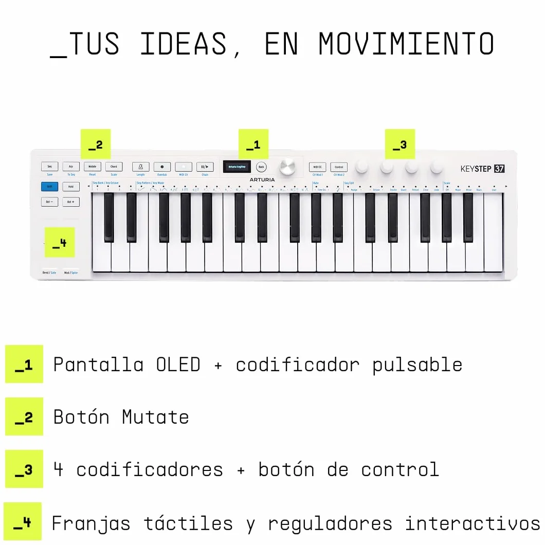 Arturia - Keystep 37 MK2 - Controlador, secuenciador y arpegiador MIDI - Slimkey de 37 teclas, pantalla OLED, Secuenciador por pasos polifónico, Arpegiador con 16 modos, Compatible con CV - Blanco