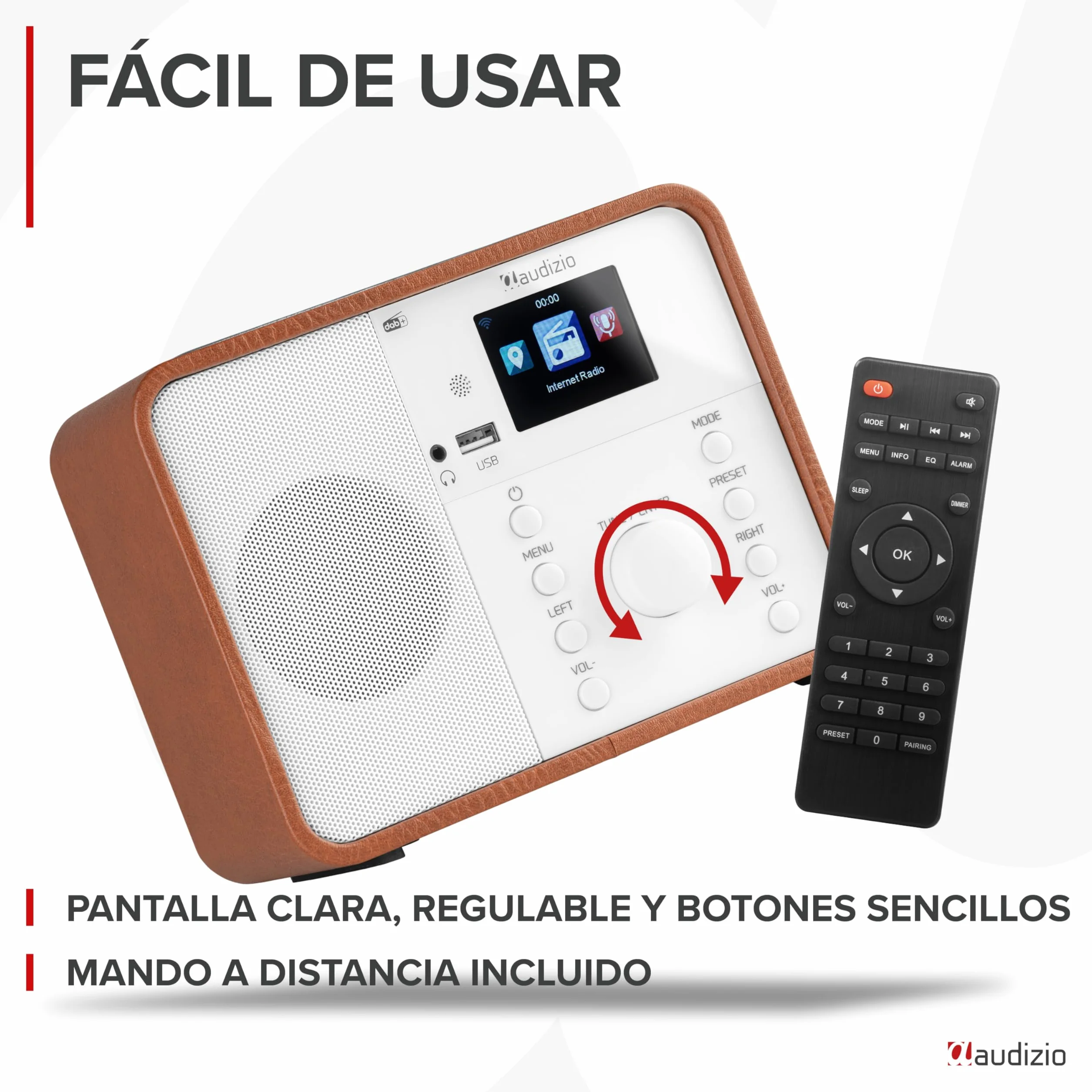 Audizio Nardo Radio Digital Dab con Bluetooth, WiFi Radio, Mando a Distancia, USB MP3 Playback, Dab Internet Radio, 32,000 Emisoras, Dab+/FM, 250 Presintonías - Blanco/Madera