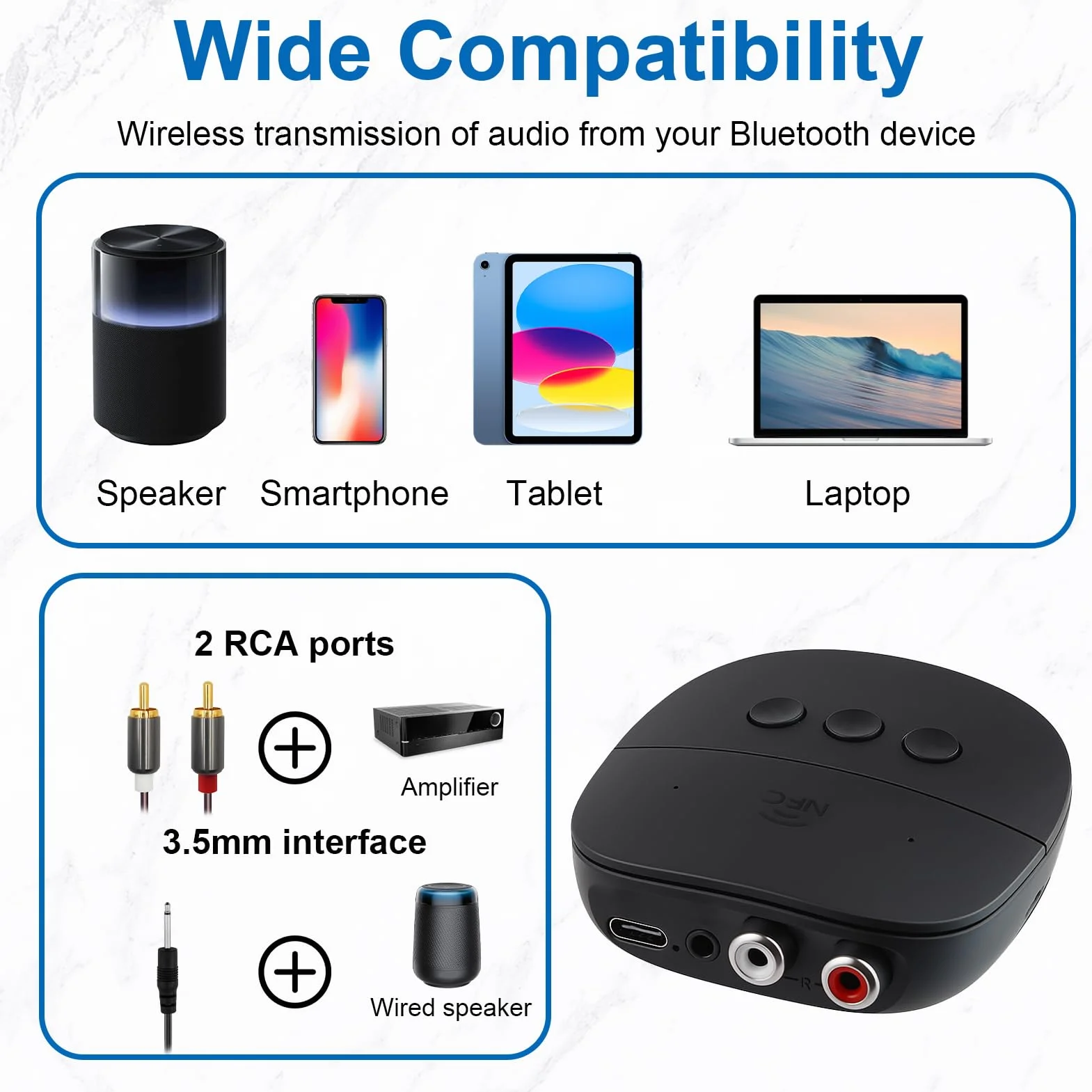 Receptor Bluetooth 5.2 con conector AUX de 3,5 mm y entrada RCA, adaptador de audio Bluetooth 5.2 para estéreo, altavoz, amplificador, audífonos, extensión NFC