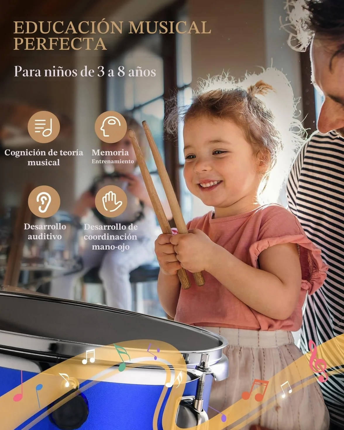 Eastar Batería Junior de 3 Piezas 14 Pulgadas, Juego de Batería para Niños con Trono, Platillo, Pedal y Baquetas, Azul EDS-180Bu