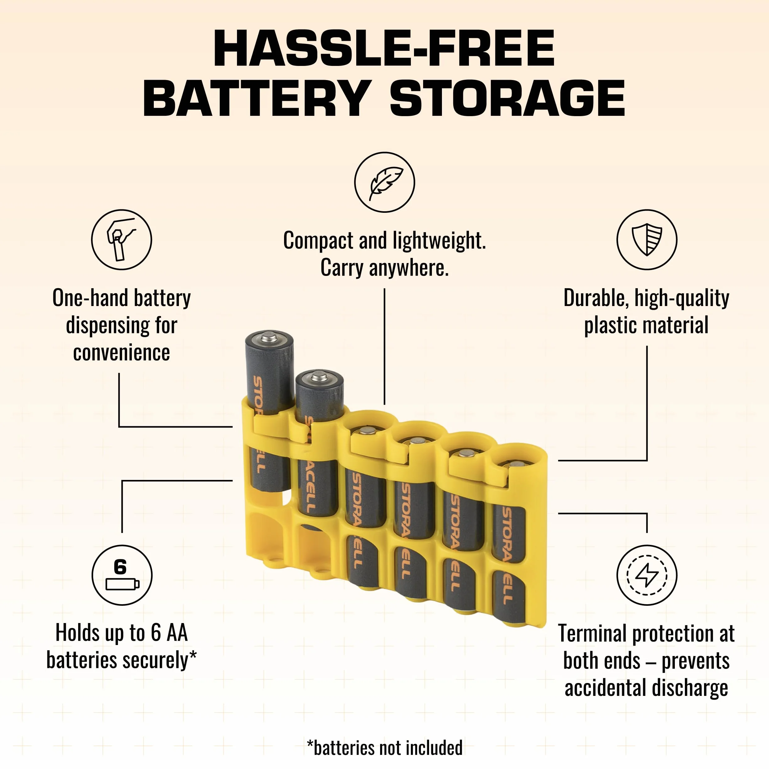 Storacell Organizador de almacenamiento de baterías AA (paquete de 2), amarillo, tiene capacidad para 6 pilas AA (no incluidas), el organizador de baterías original, fabricado en los Estados Unidos