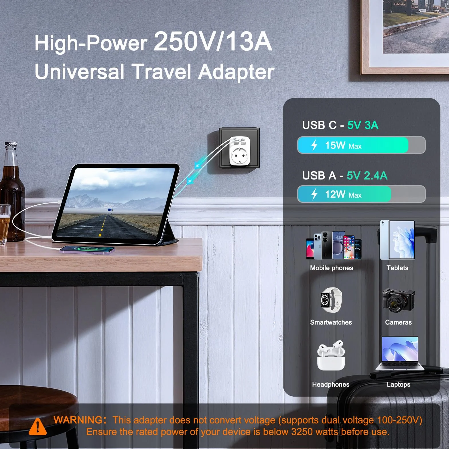 Hoppac 5 en 1 Adaptador Enchufe UK Tipo G con 3 USB A y 1 USB C para Viajes
