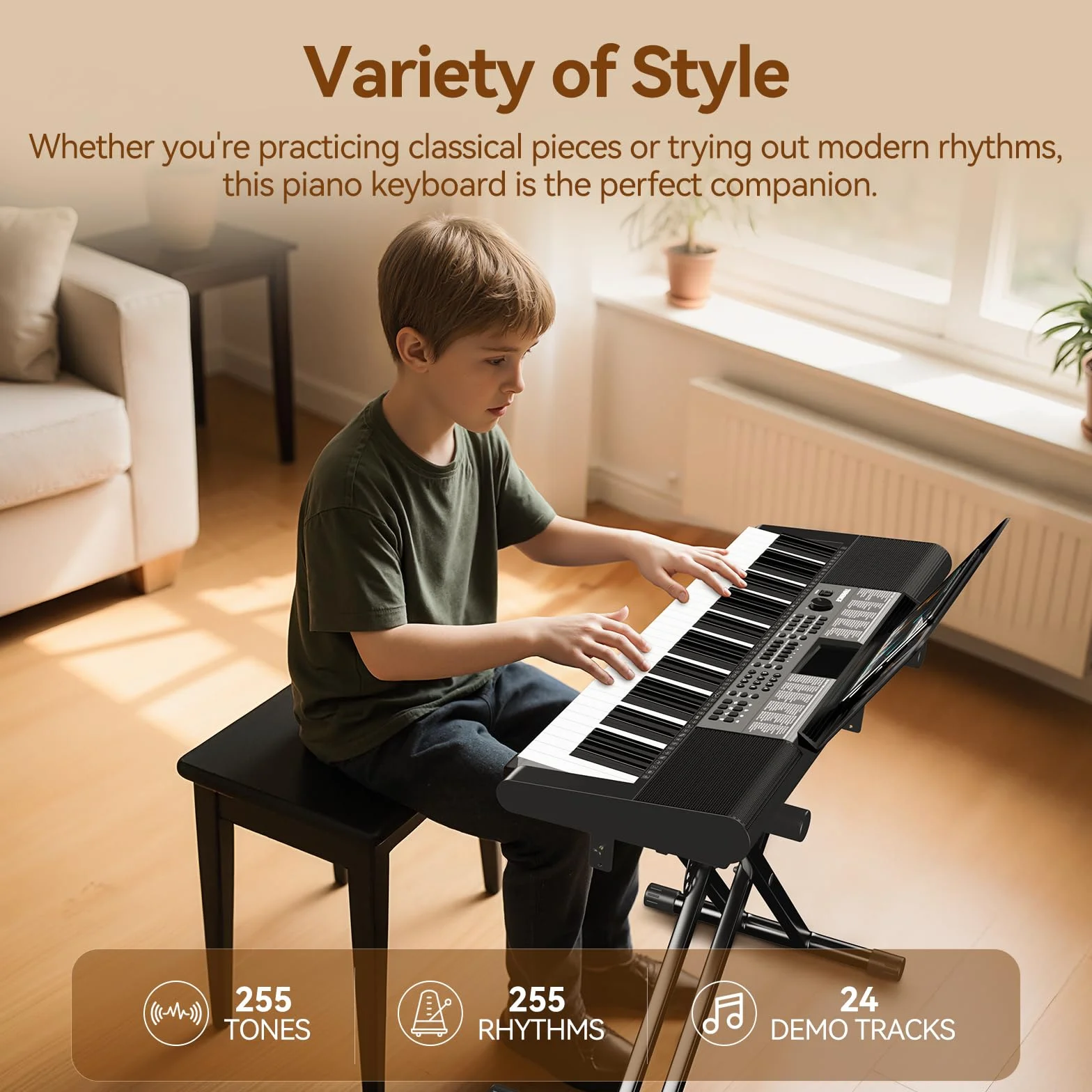 TERENCE piano digital 61 teclas, doble sistema de audio HiFi y panel multifunción 51 LED, interfaz modo doble teclado doble alimentación adaptador batería puertos de audio Pro