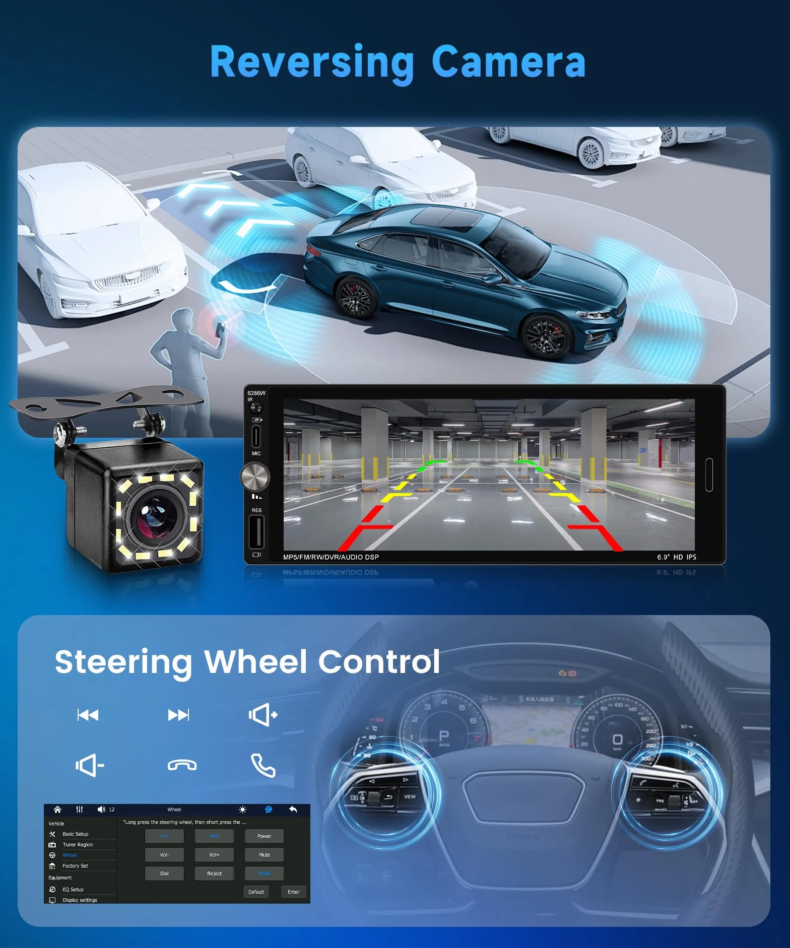 Rimoody Wireless Carplay Radio de Coche 1 DIN con 6.9 Pulgadas IPS Pantalla para Coche con Bluetooth Manos Libres FM Tipo C USB EQ Control del Volante Cámara Trasera