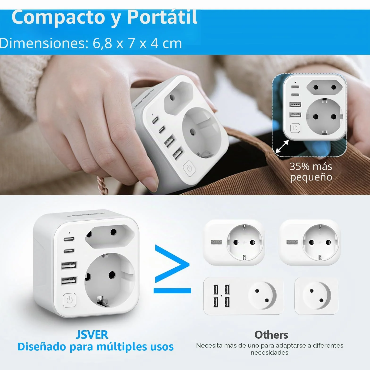 JSVER Adaptador Enchufe UK Tipo G con 2 USB A y 2 C para Viaje EU a UK Irlanda Malasia Singapur Hong Kong Macao