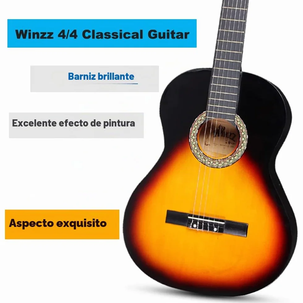 Winzz 4/4 Guitarra Clásica Set para Principiante - Kit de Guitarra Española de 39 Pulgadas con Cuerdas de Nylon para Adultos, Niños Más de 12 Años, Sunburst