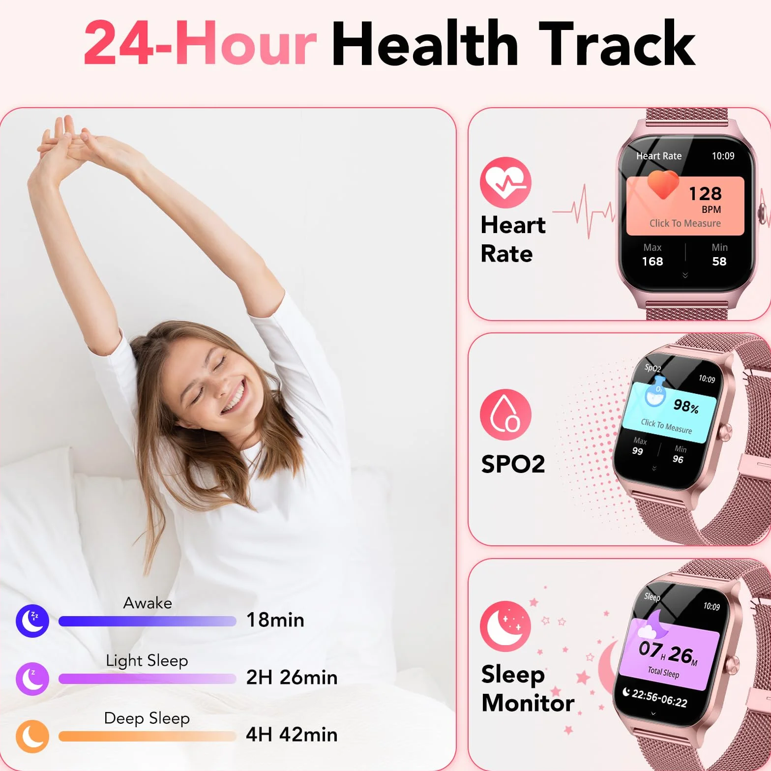 Reloj Inteligente Mujer con Llamadas Bluetooth y Asistente IA, Whatsapp Notificaciones,1.85" HD Smartwatch Mujer con SpO2/Pulsómetro/Monitor de Sueño,120+ Modos Deportes para iPhone Android,2 Correas