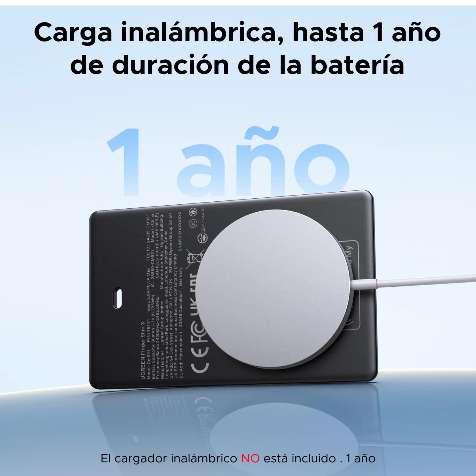 UGREEN FineTrack Slim Finder Tag Carga Inalámbrica Localizador Tracker Bluetooth Compatible con Apple Find My (Solo iOS) Ultra Fino Impermeable IP68 para Cartera Maleta