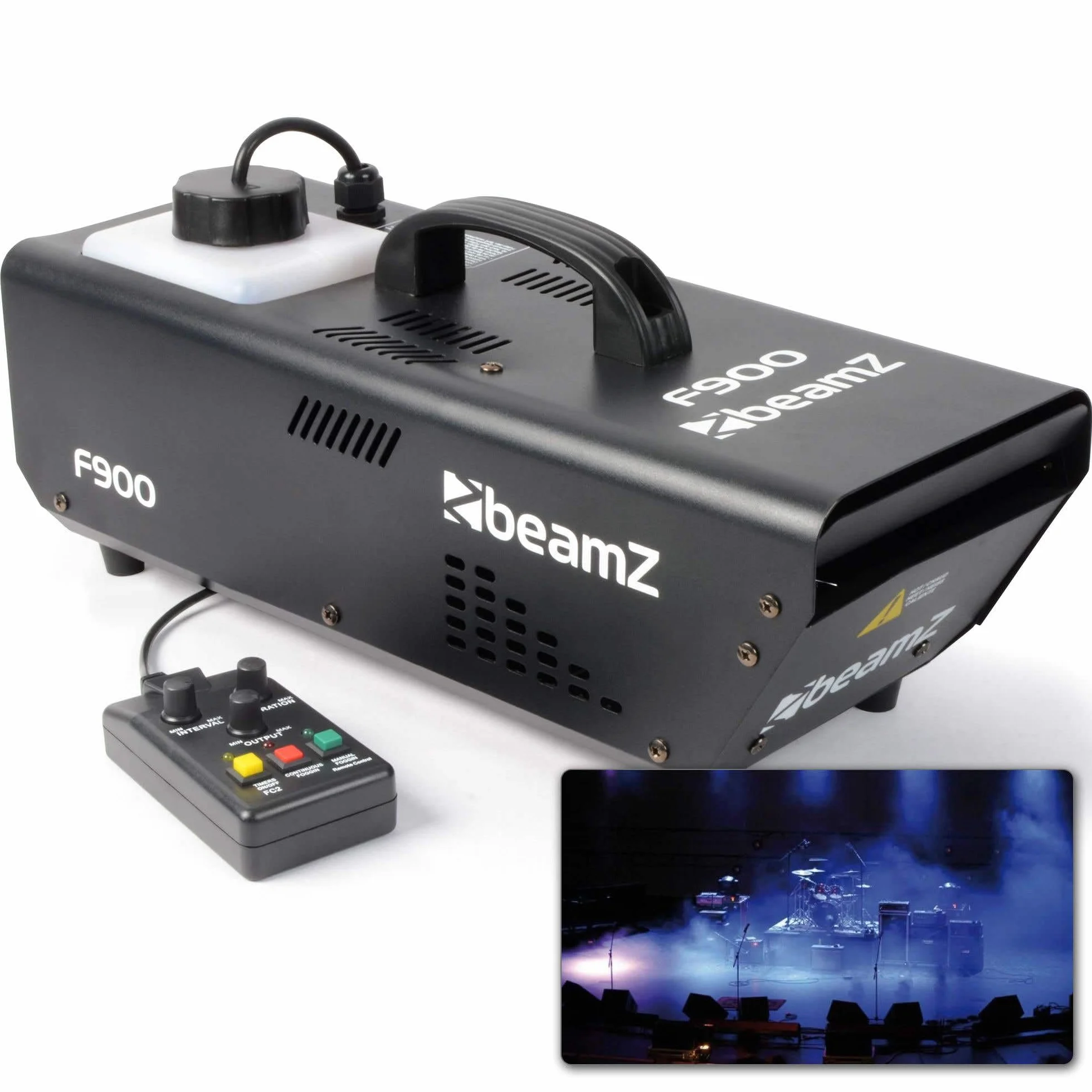 BeamZ F900 Hazer Pack de máquina de niebla + 5 litros de líquido de niebla, 900 W con mando a distancia, depósito de 900 ML, temporizado, generación de niebla constante, teatro, DJ, fiesta