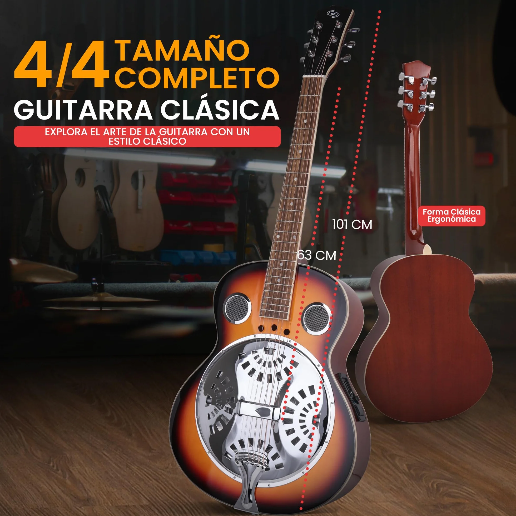 Pyle guitarra electrica, Resonador tradicional, 6 cuerdas, Preamplificador incorporado, Accesorios