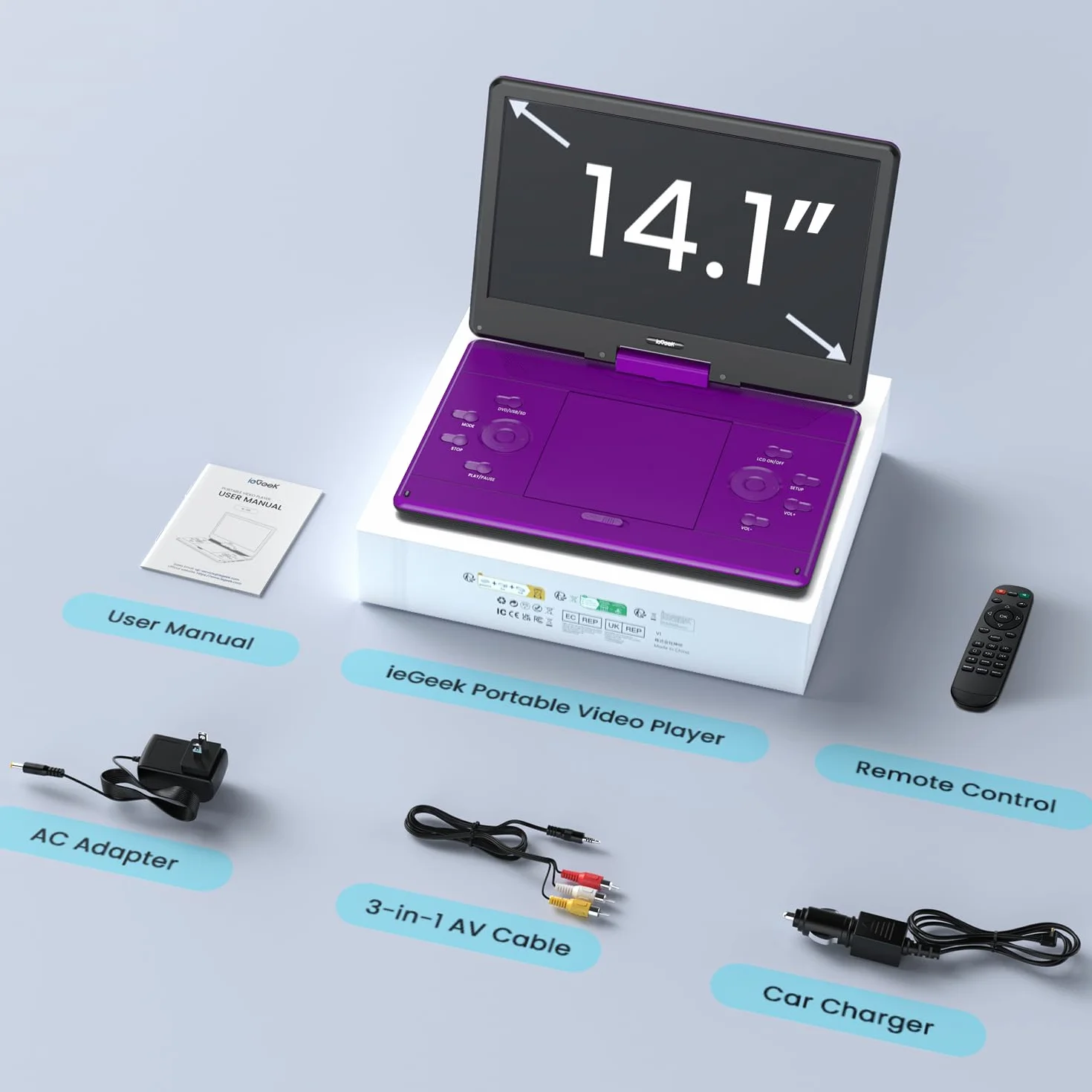 ieGeek Reproductor de DVD portátil de 16.9 pulgadas con pantalla giratoria de 14.1 pulgadas, entrada HDMI, batería recargable de 6 horas, sin región, reproducción USB/SD, regalo ideal para personas