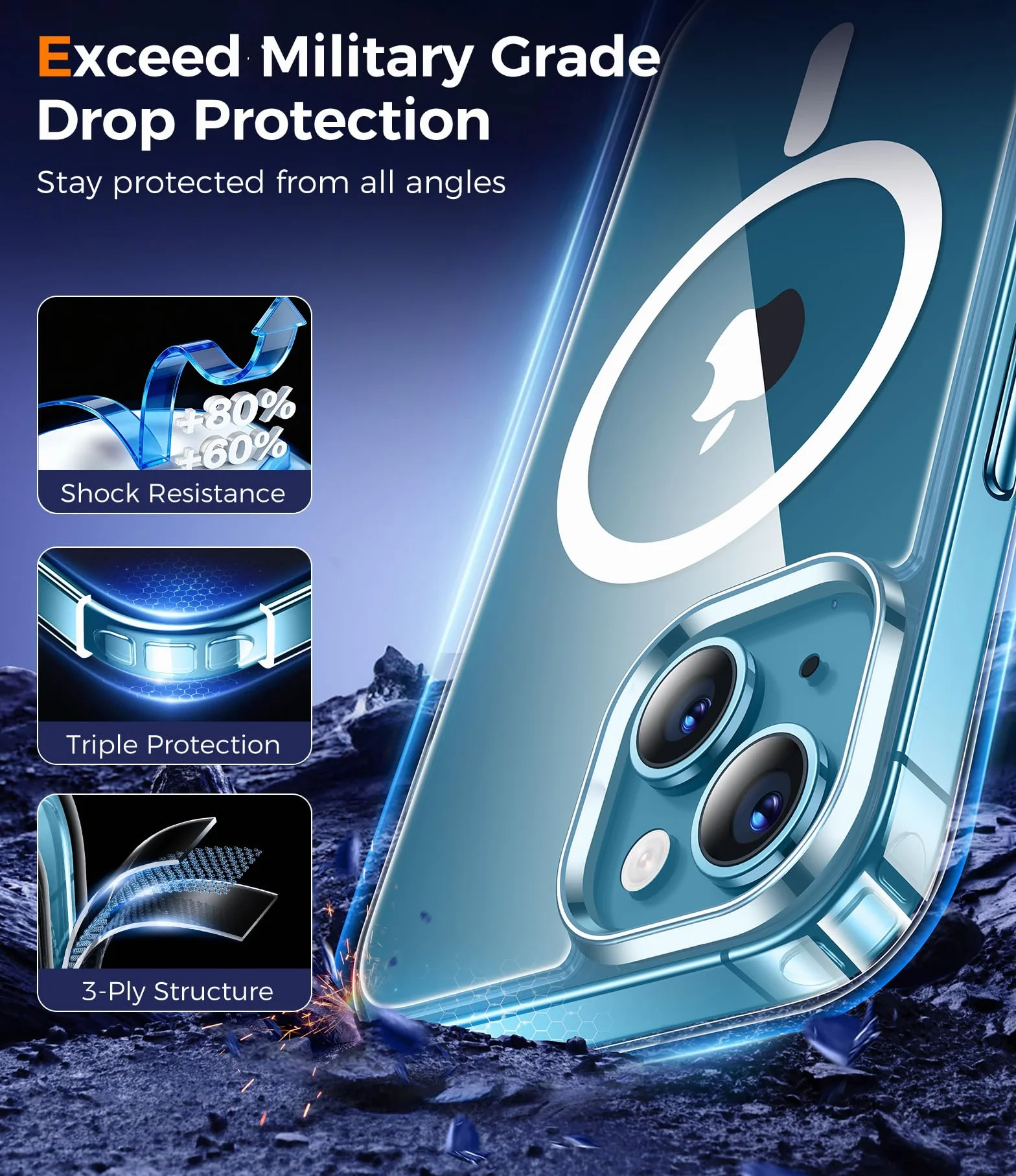 Qasyfanc Funda Magnética para iPhone 13/iPhone 14 Compatible con MagSafe con 2 Piezas Cristal Templado, Protección para cámara Carcasa, Anti-Amarillo Anti-Arañazos Caso, Transparente