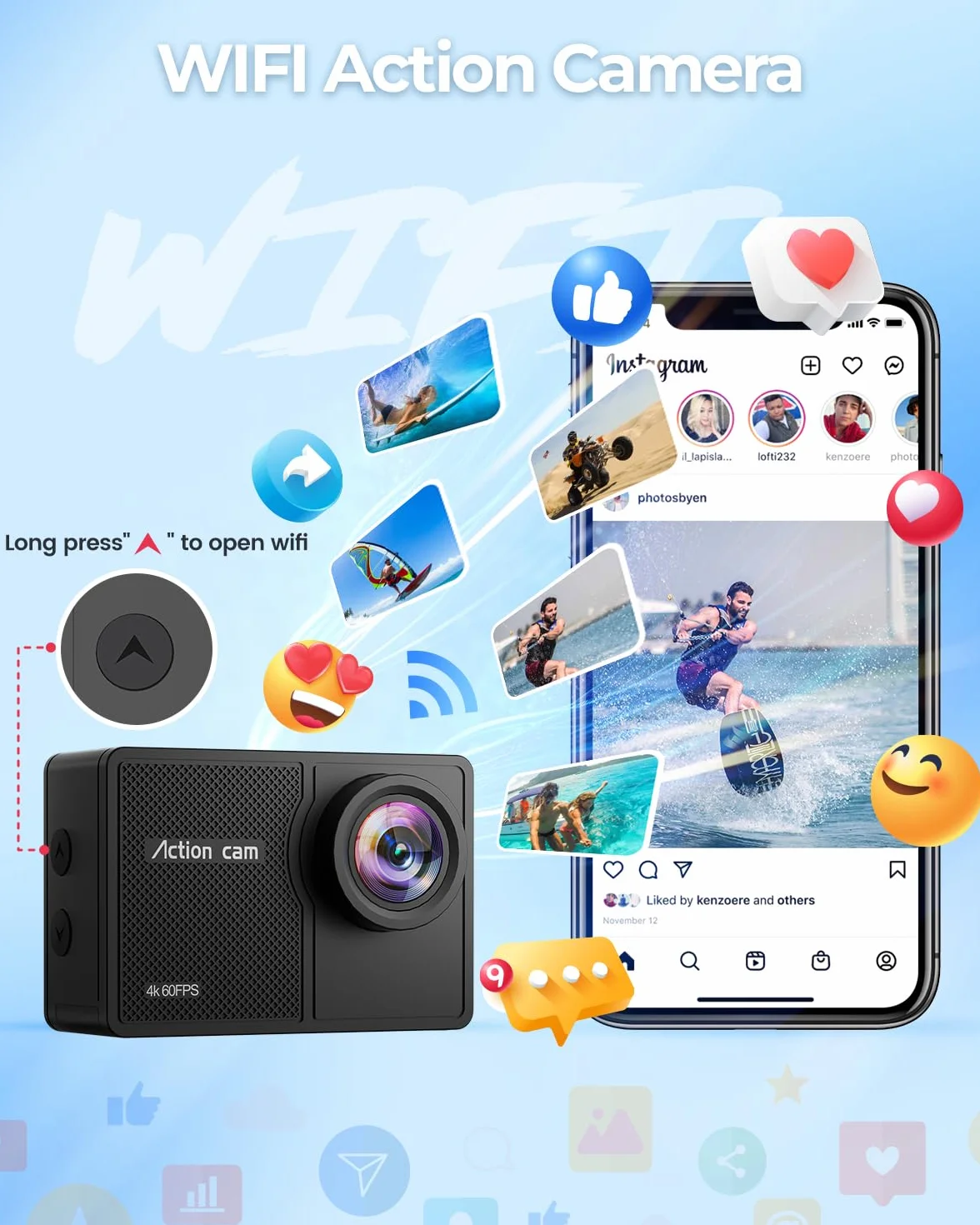 Cámara Deportiva 4K 60FPS 48MP WiFi con Tarjeta SD 64G, 170° EIS, Subacuática 40M, 2 Baterías 1350mAh