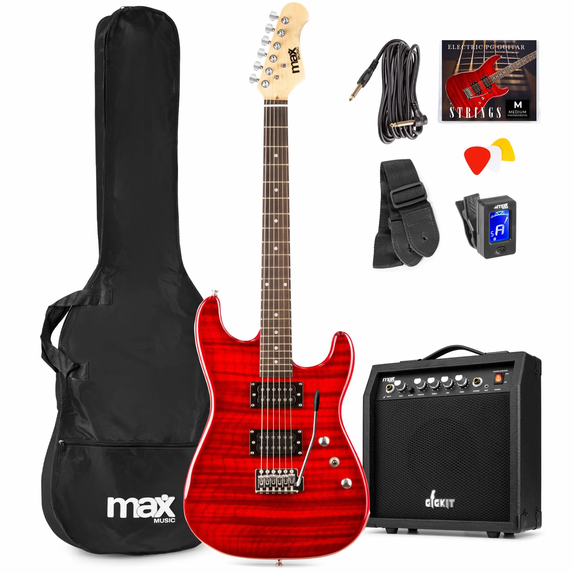 Max GigKit Pack de guitarra electrica Quilted para principiantes con amplificador de guitarra de 40W, afinador digital, correa, funda y juego de cuerdas de repuesto - Color rojo oscuro