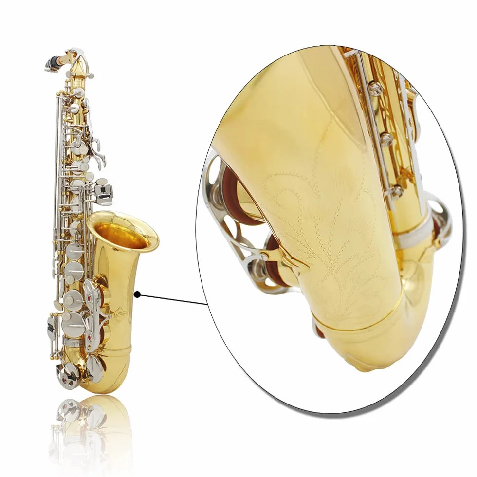 HUIOP LADE Saxofón Alto Saxófono Latón Brillante Grabado Eb E-Flat Botón de Shell Blanco Natural Instrumento de Viento con los Guantes Caso Mute Paño de Limpieza Cepillo de Banda,Saxófono