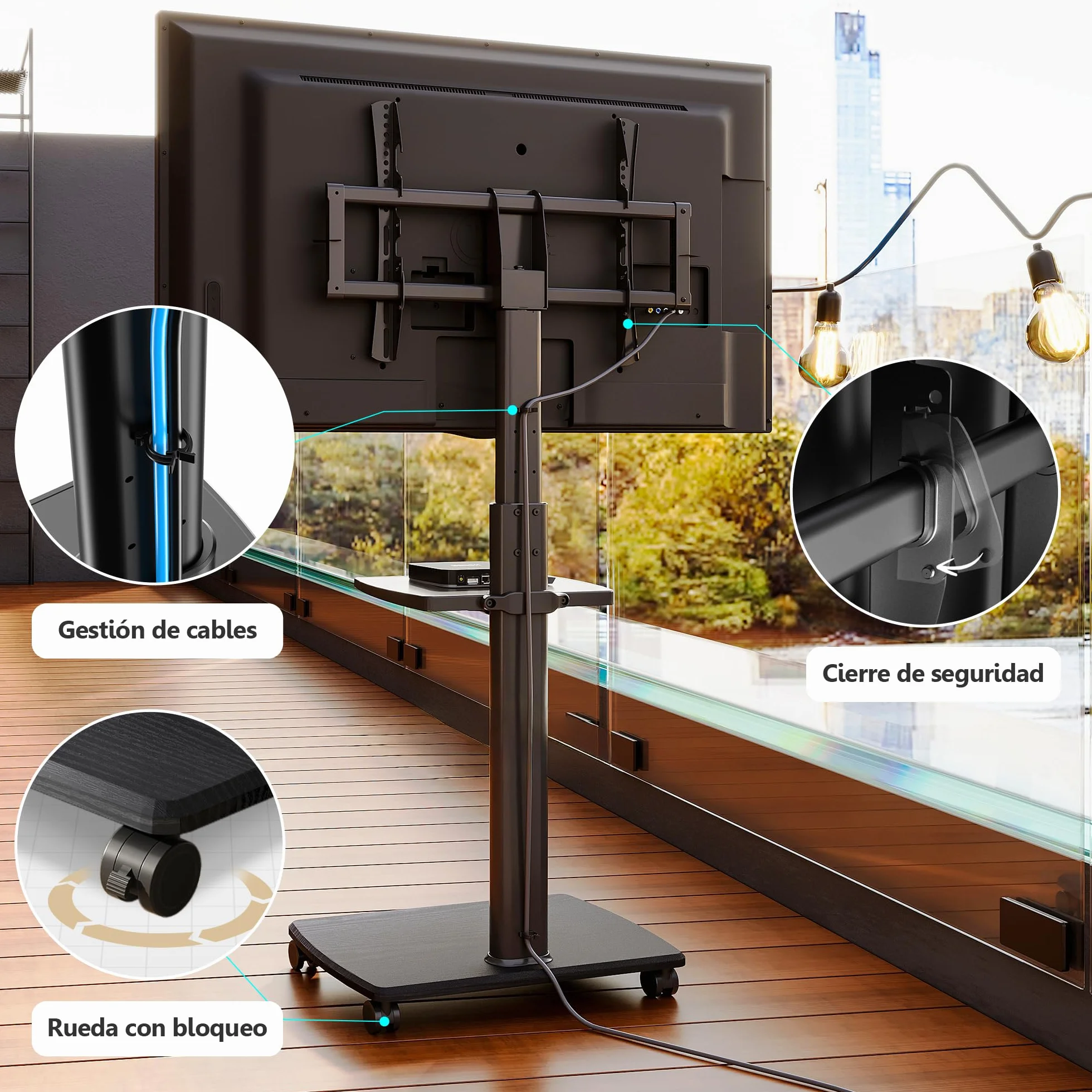 FITUEYES Soporte TV de Pie Ruedas para Pantallas de 32 a 70 Pulgadas con Base de Madera,MAX VESA600*400mm,Soporte de TV con Ruedas con Giro de Placa,Ajuste de Altura,Gestión de Cable,con Estante