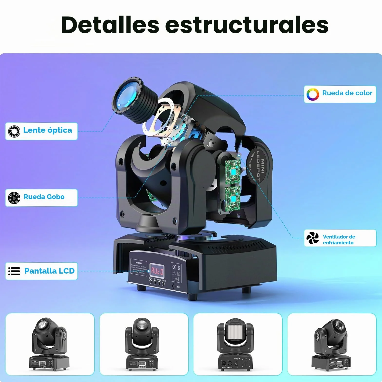 Mini 50W Cabeza Móvil LED Foco Luces de Escenario, RGBW Luz de Discoteca con 8 Patrones 8 Colores Efectos de Iluminación Wash Focus Control de Sonido DMX512 para KTV Bares DJ Fiesta 2 unidades