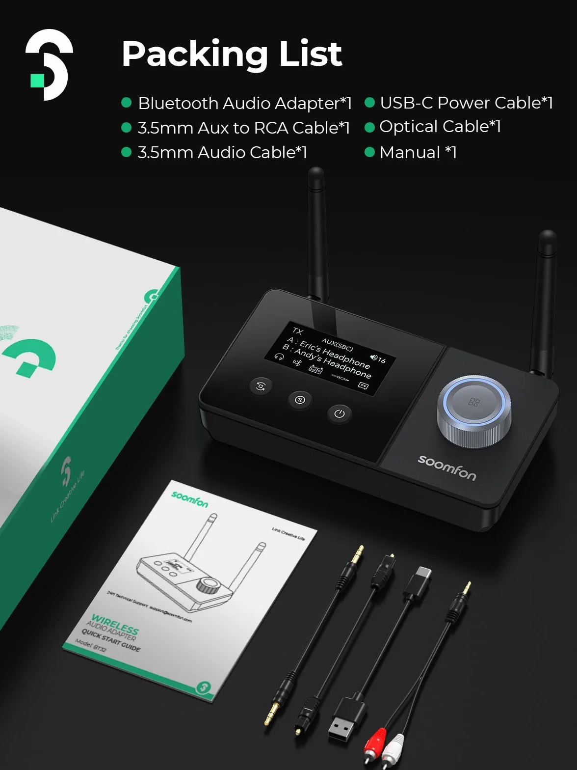SOOMFON Bluetooth 5.3 Transmisor Receptor, 3 en 1 Bluetooth Adaptador Audio con AUX 3.5mm/RCA/Óptico, Adaptador Doble Conexión, Receptor Emisor para TV/Auriculares/Sistemas de Sonido