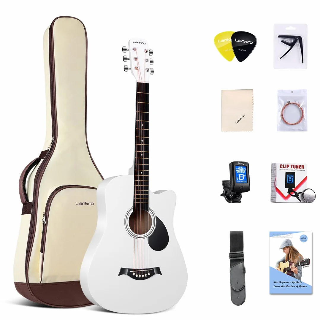Guitarra acústica de 38 pulgadas para principiantes, guitarra occidental, color blanco, tilo cutaway, escoger capo, paño de limpieza