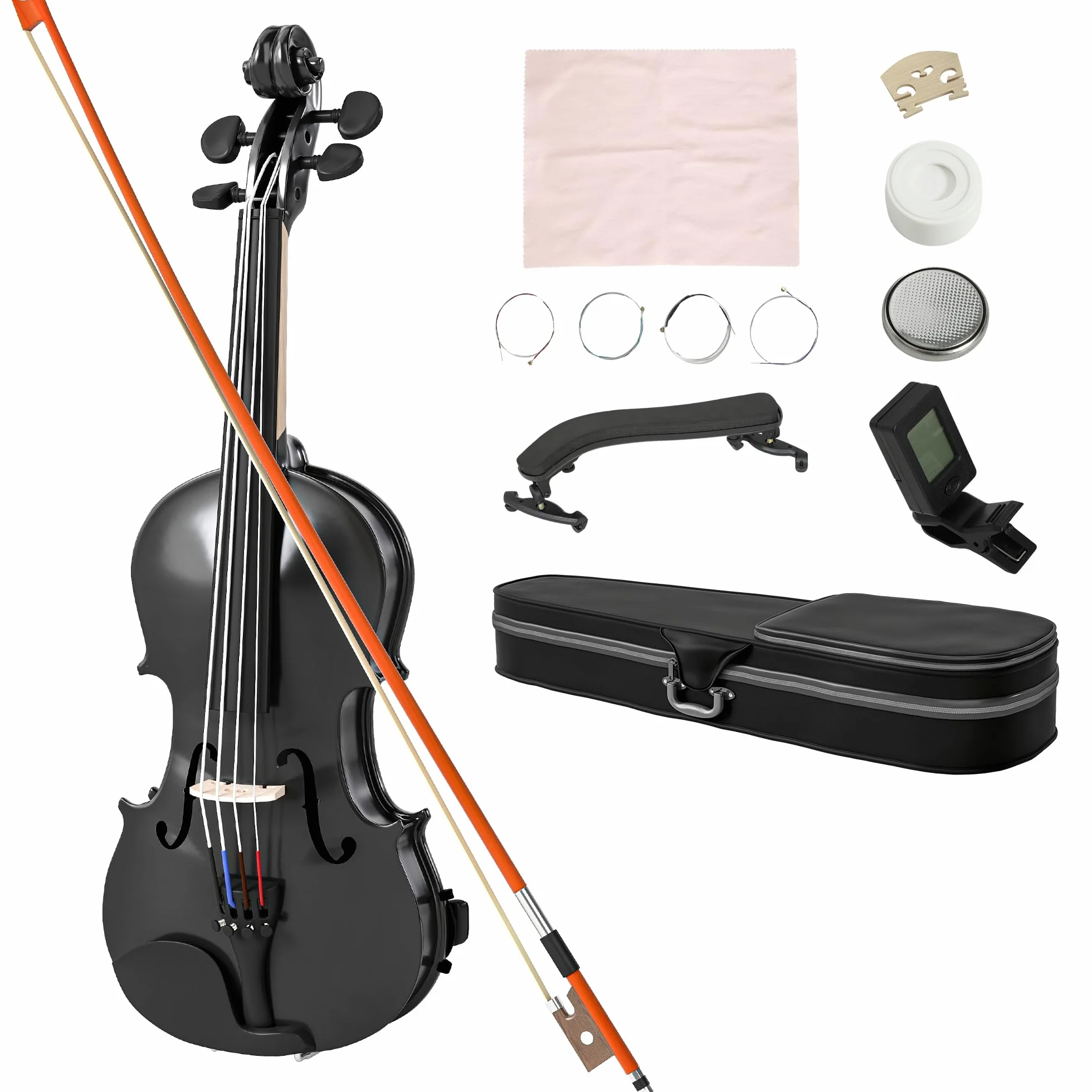 HOMCOM Violín 4/4 de Tamaño Completo de Madera, Set de Violín para Principiantes, Adultos y Niños, con Estuche Ligero, Arco, Colofonia, Afinadores, Cuerdas y Soporte para Hombro, Negro
