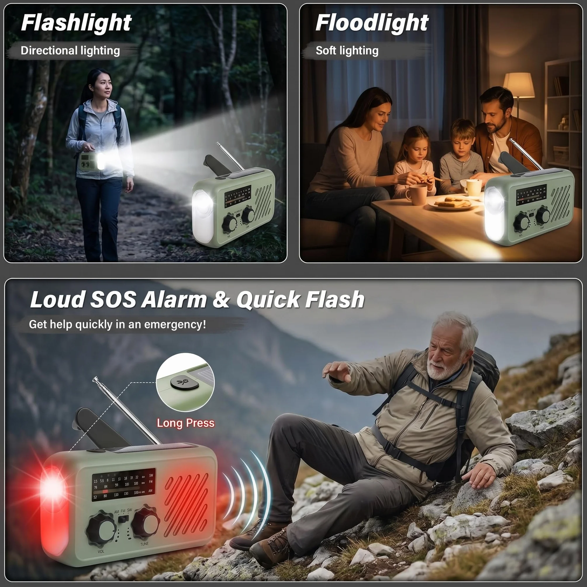 Radio de Emergencia Solar y Manivela, Radio FM/Am Portátil con Linterna LED, Luz de Lectura y Powerbank 2000mAh – Ideal para Cortes de Luz, Camping, Acampada y Regalos para Hombre